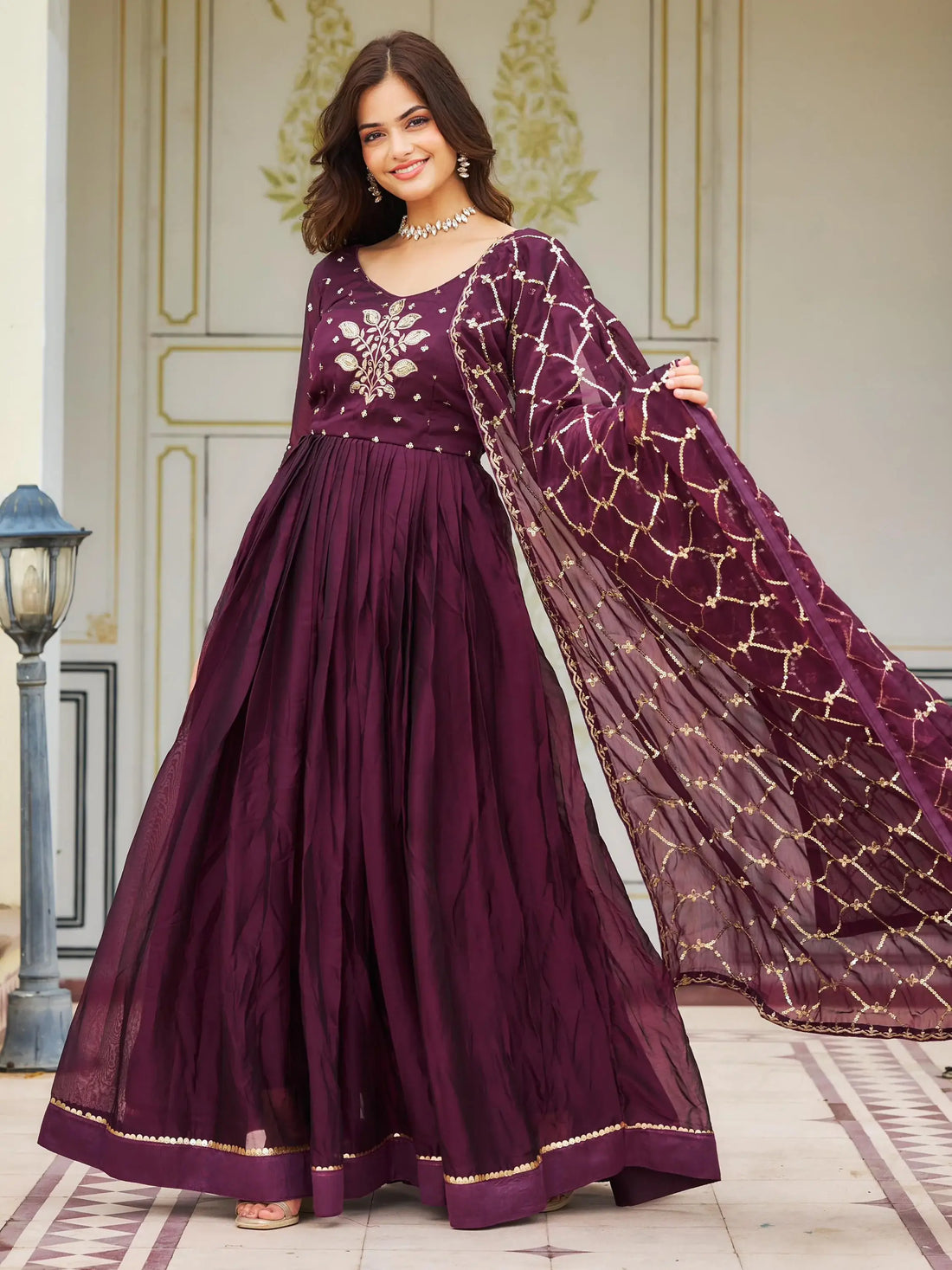 Tantalizing Wine Sequins Rangoli Silk Event Wear Gown With Dupatta - Zeel Clothing