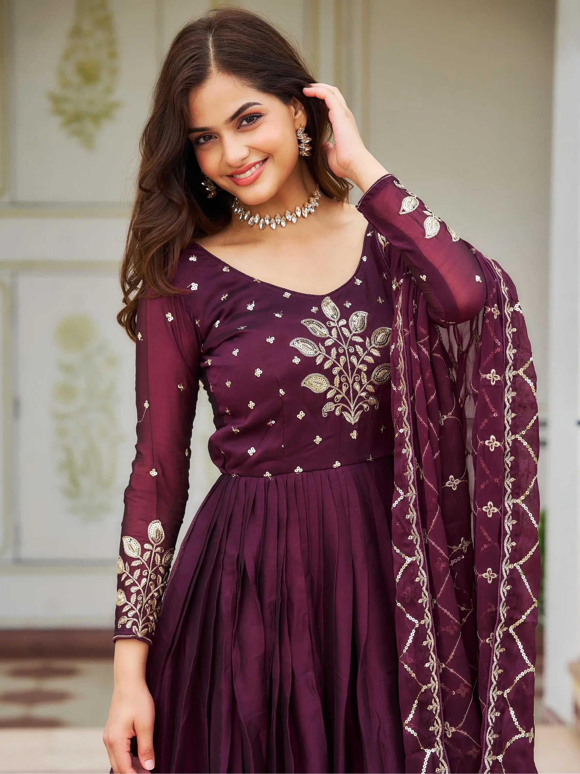 Tantalizing Wine Sequins Rangoli Silk Event Wear Gown With Dupatta - Zeel Clothing