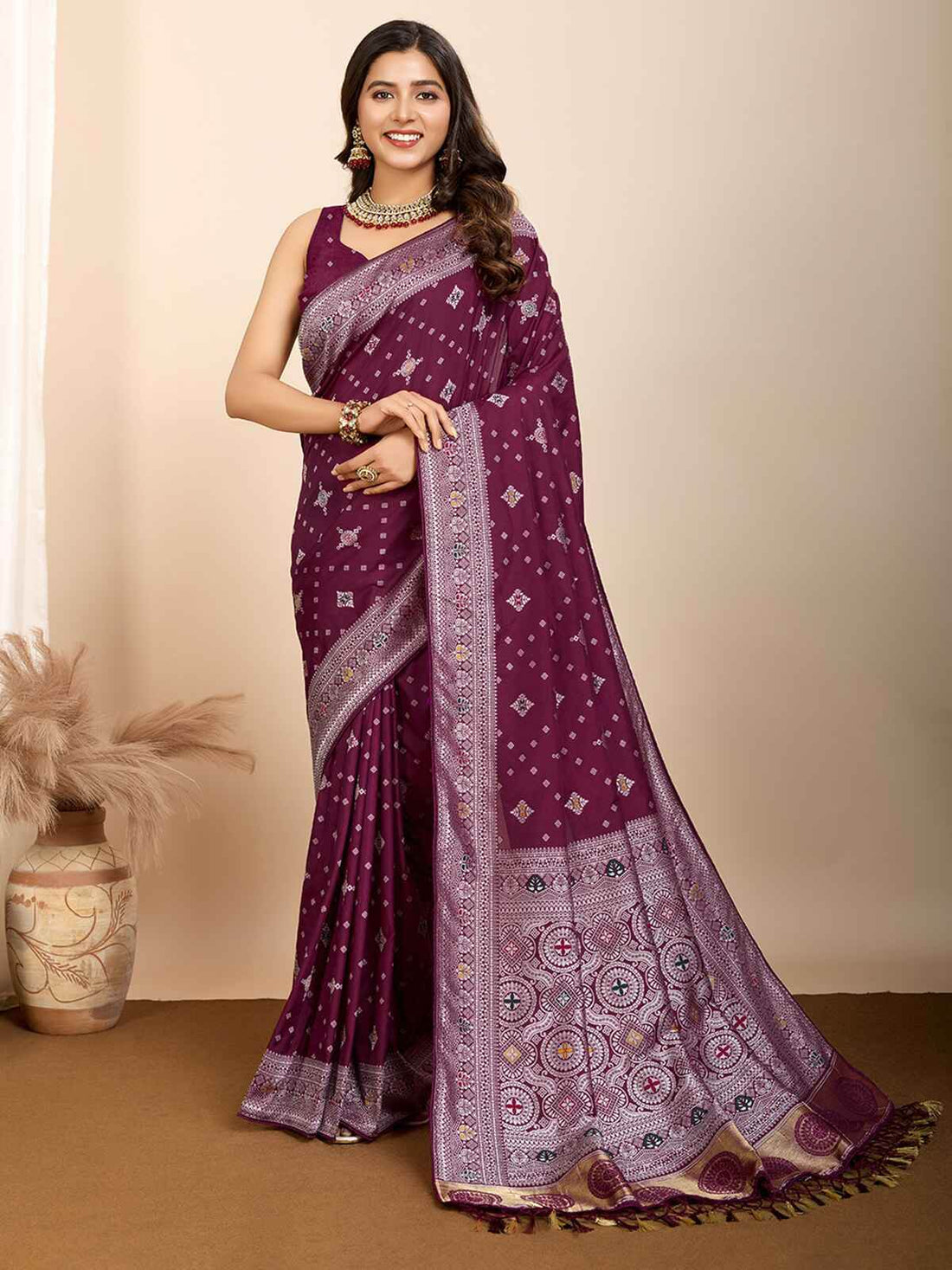 Tantalizing Wine Zari Weaving Silk Event Wear Saree With Blouse - Zeel Clothing