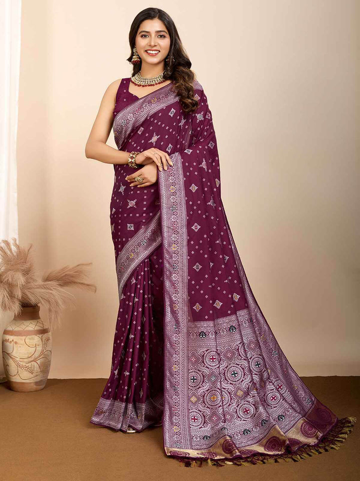 Tantalizing Wine Zari Weaving Silk Event Wear Saree With Blouse - Zeel Clothing