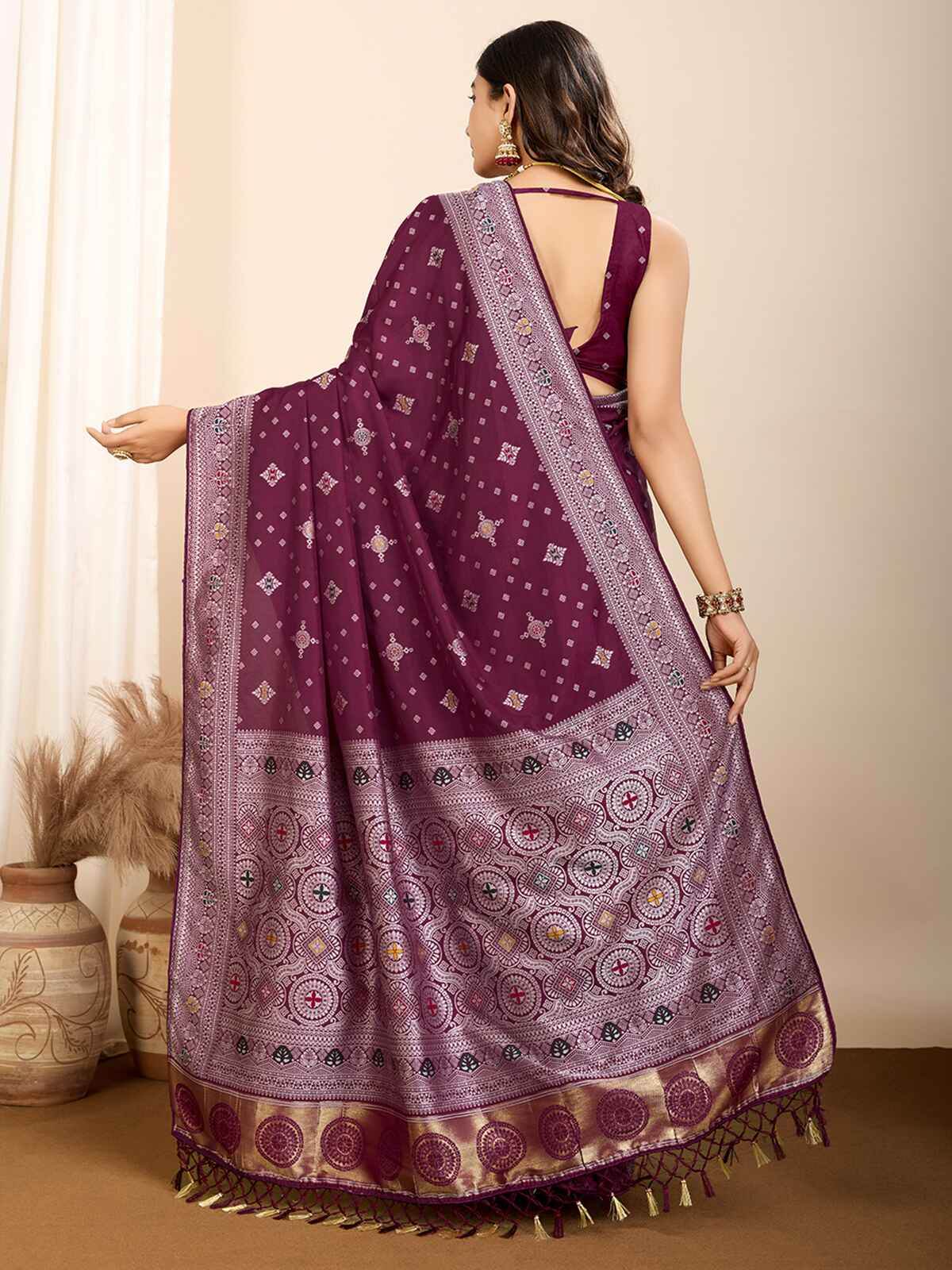 Tantalizing Wine Zari Weaving Silk Event Wear Saree With Blouse - Zeel Clothing