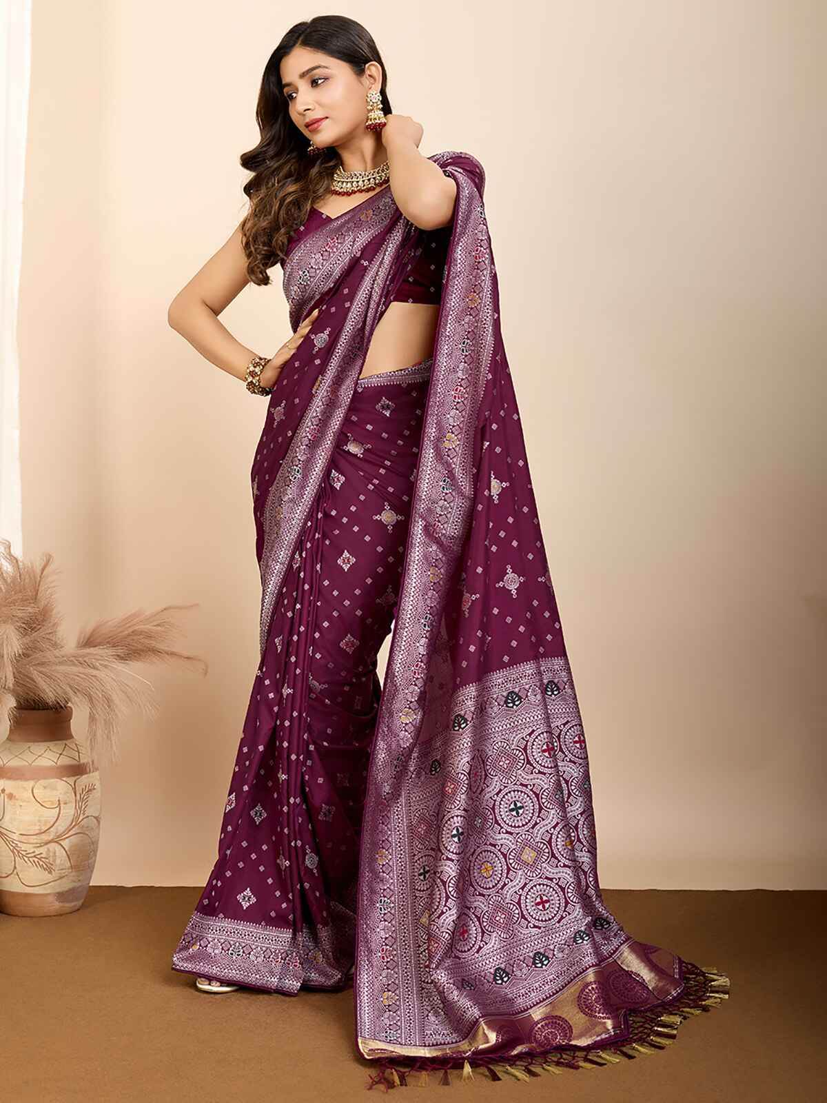 Tantalizing Wine Zari Weaving Silk Event Wear Saree With Blouse - Zeel Clothing
