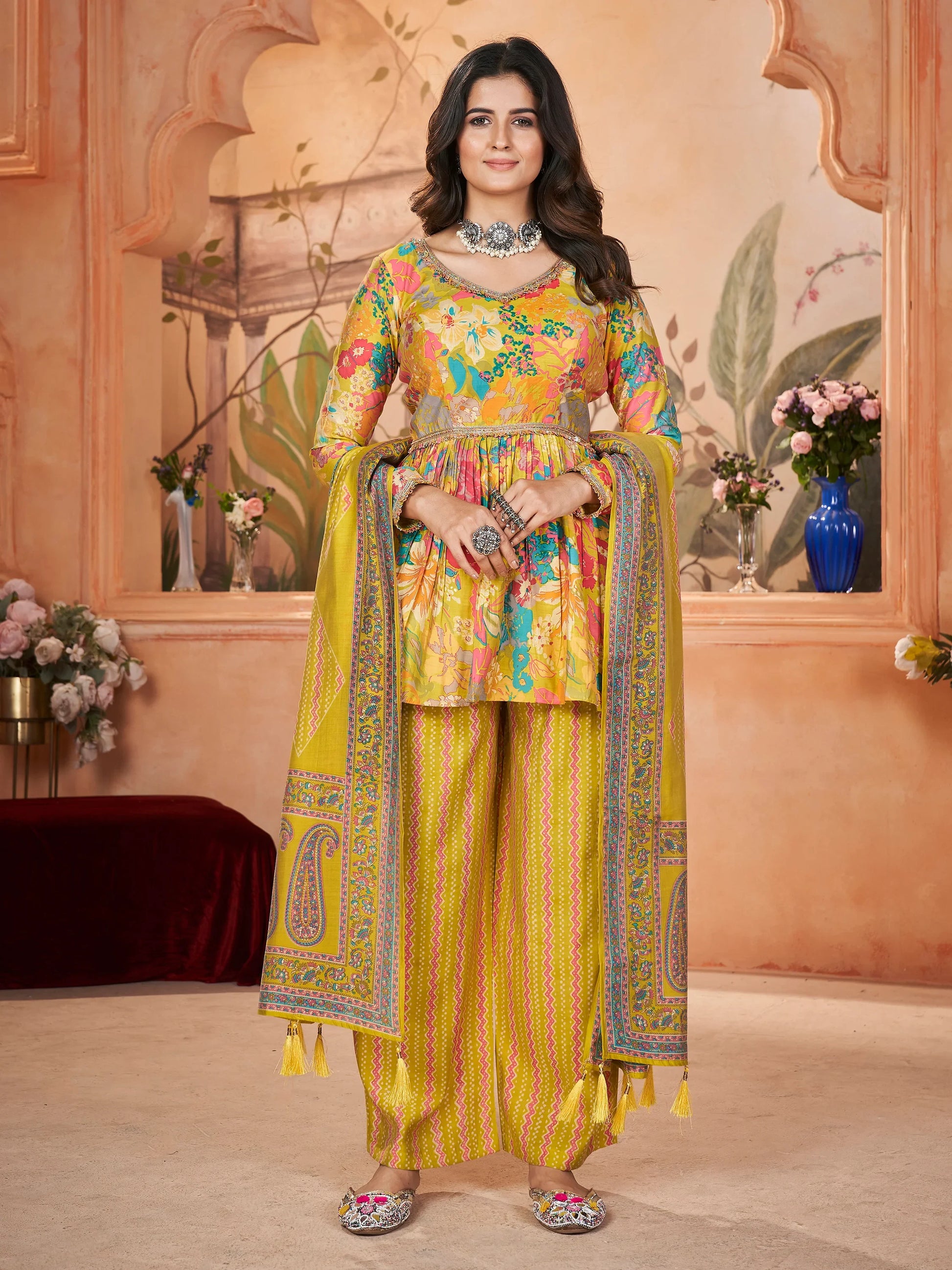 Tantalizing Yellow Printed Silk Traditional Palazzo Suit With Dupatta - Zeel Clothing
