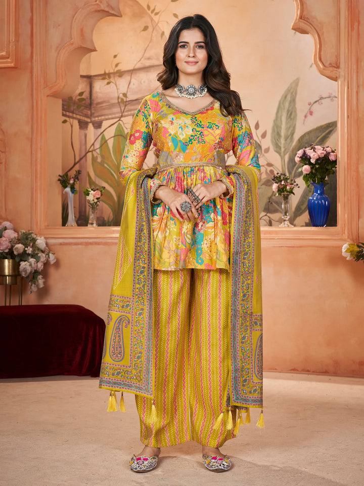 Tantalizing Yellow Printed Silk Traditional Palazzo Suit With Dupatta - Zeel Clothing