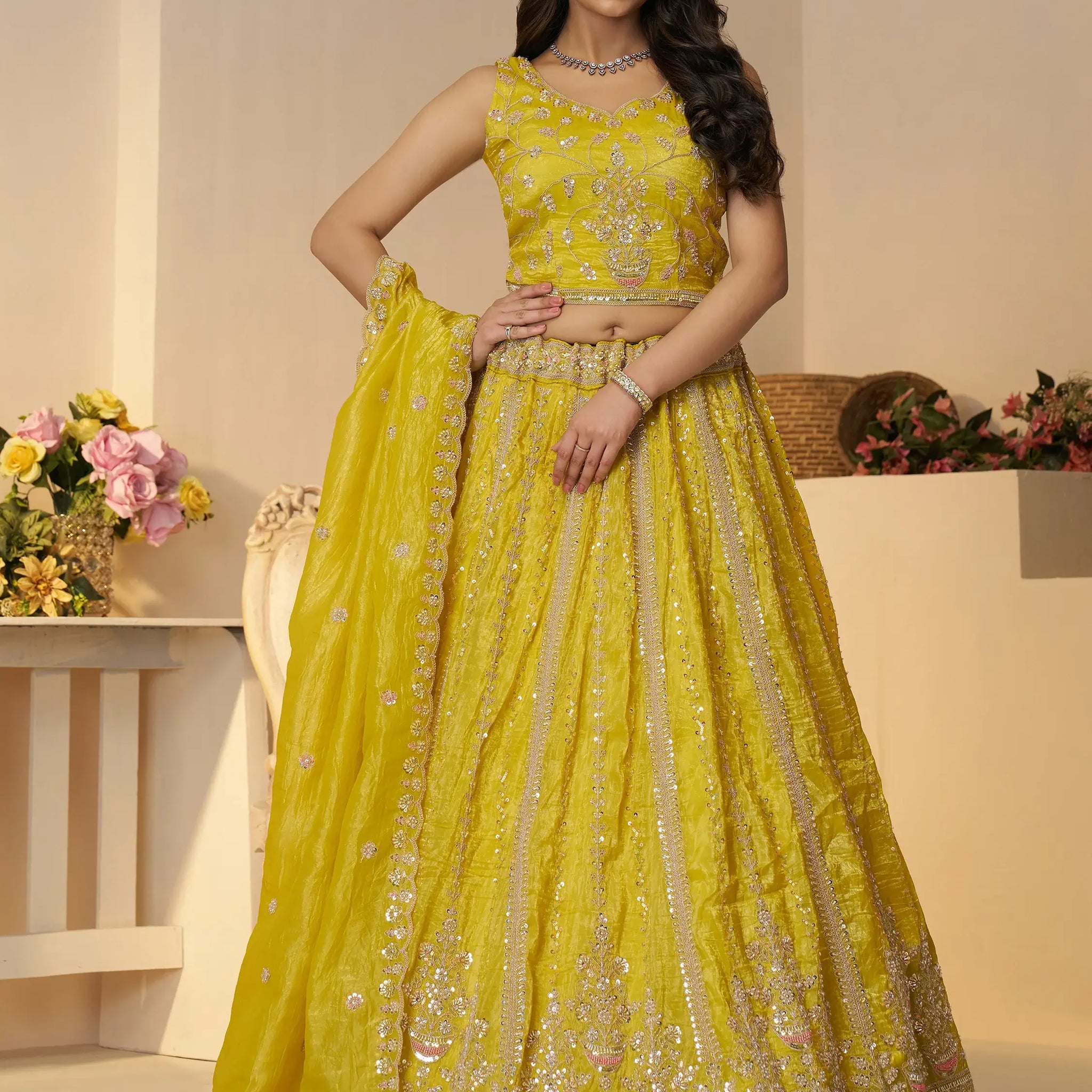 Tantalizing Yellow Sequins Silk Festival Wear Lehenga Choli With Dupatta - Zeel Clothing
