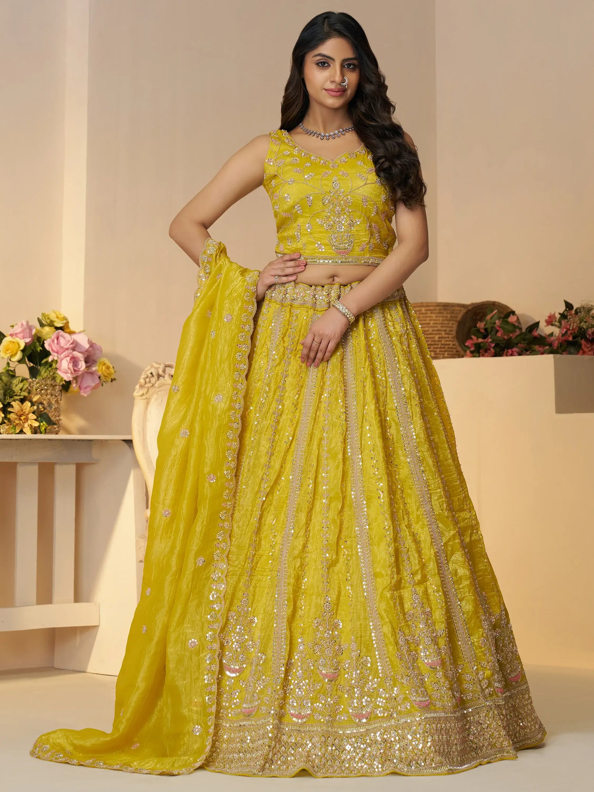 Tantalizing Yellow Sequins Silk Festival Wear Lehenga Choli With Dupatta - Zeel Clothing