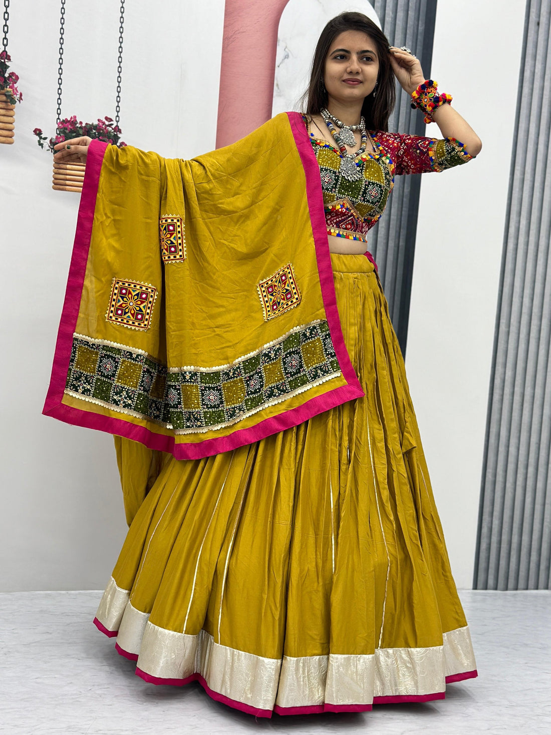Pretty Mustard Yellow Bandhani Printed Cotton Lehenga Choli With Dupatta