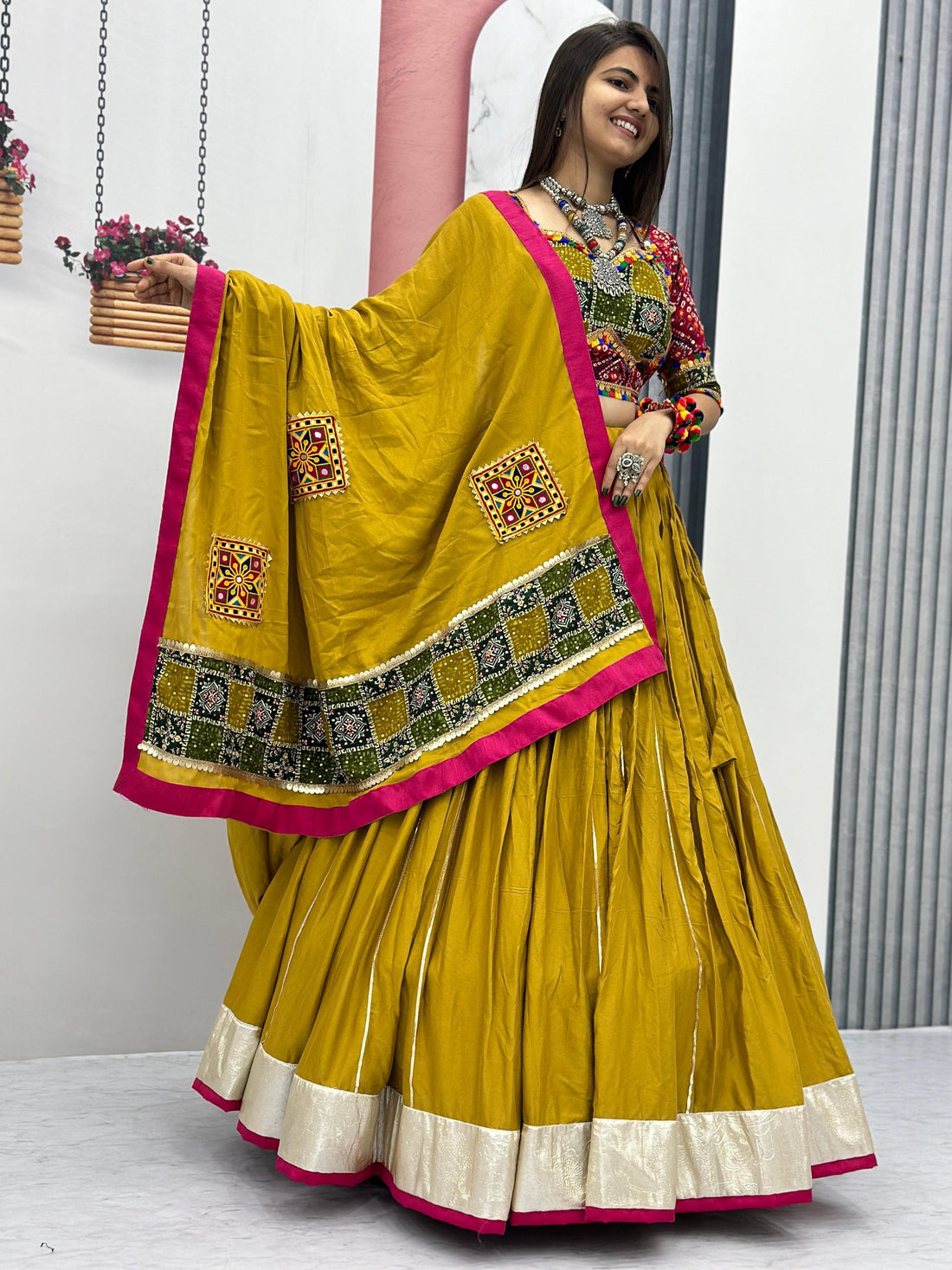 Pretty Mustard Yellow Bandhani Printed Cotton Lehenga Choli With Dupatta