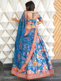 Teal Blue Floral Printed Art Silk Wedding Wear Lehenga Choli - Zeel Clothing
