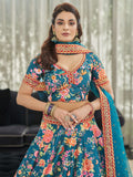 Teal Blue Floral Printed Art Silk Wedding Wear Lehenga Choli - Zeel Clothing