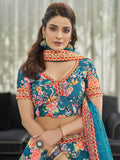 Teal Blue Floral Printed Art Silk Wedding Wear Lehenga Choli - Zeel Clothing