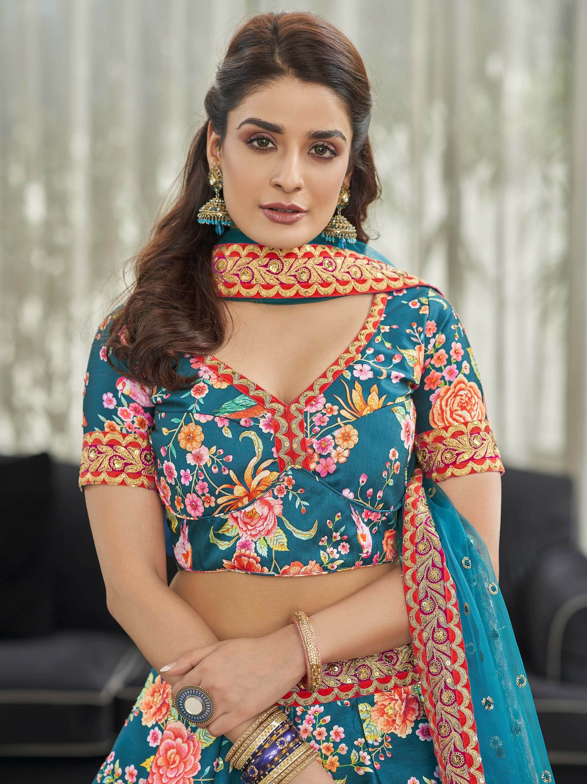 Teal Blue Floral Printed Art Silk Wedding Wear Lehenga Choli - Zeel Clothing