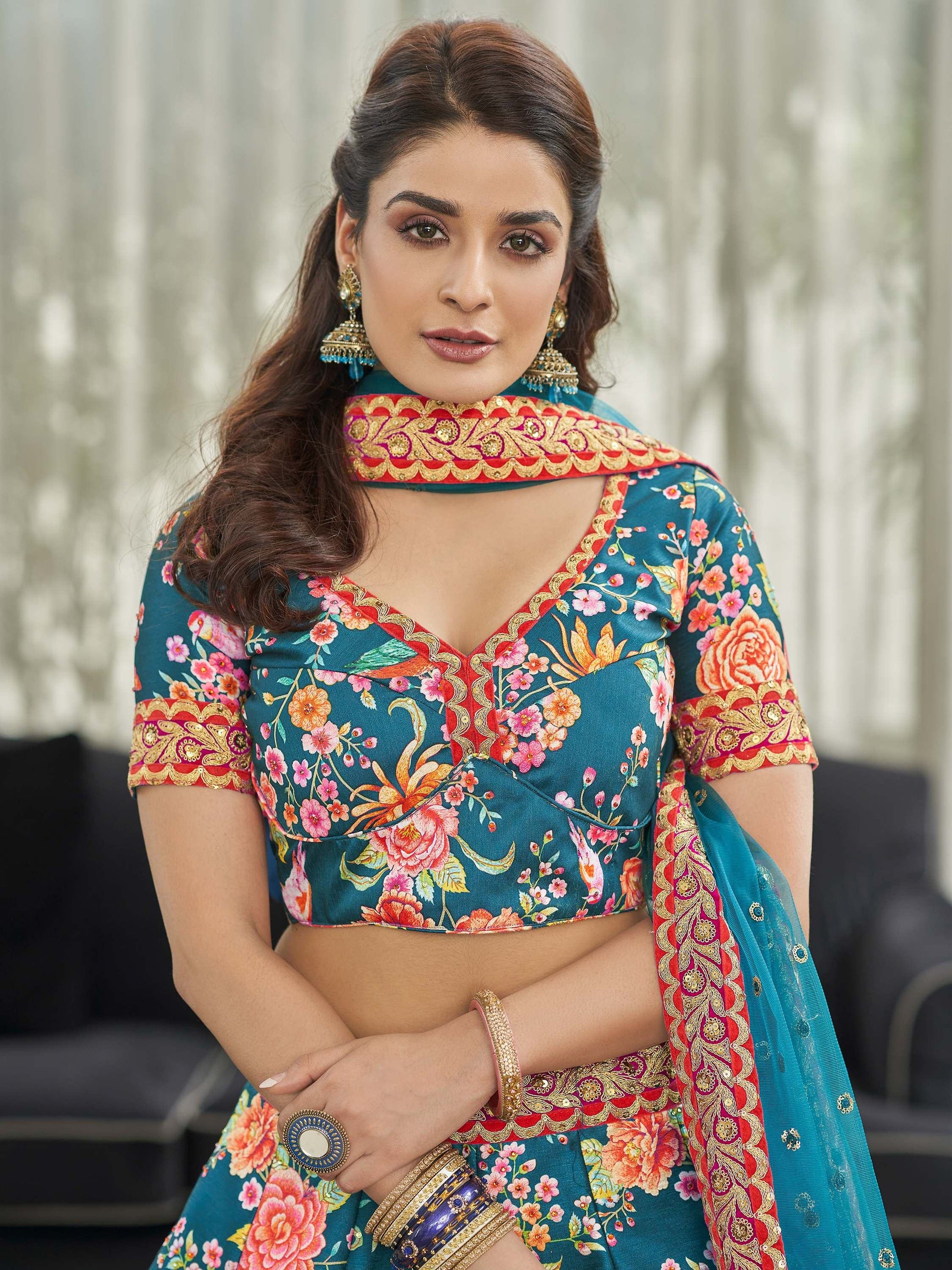 Teal Blue Floral Printed Art Silk Wedding Wear Lehenga Choli - Zeel Clothing