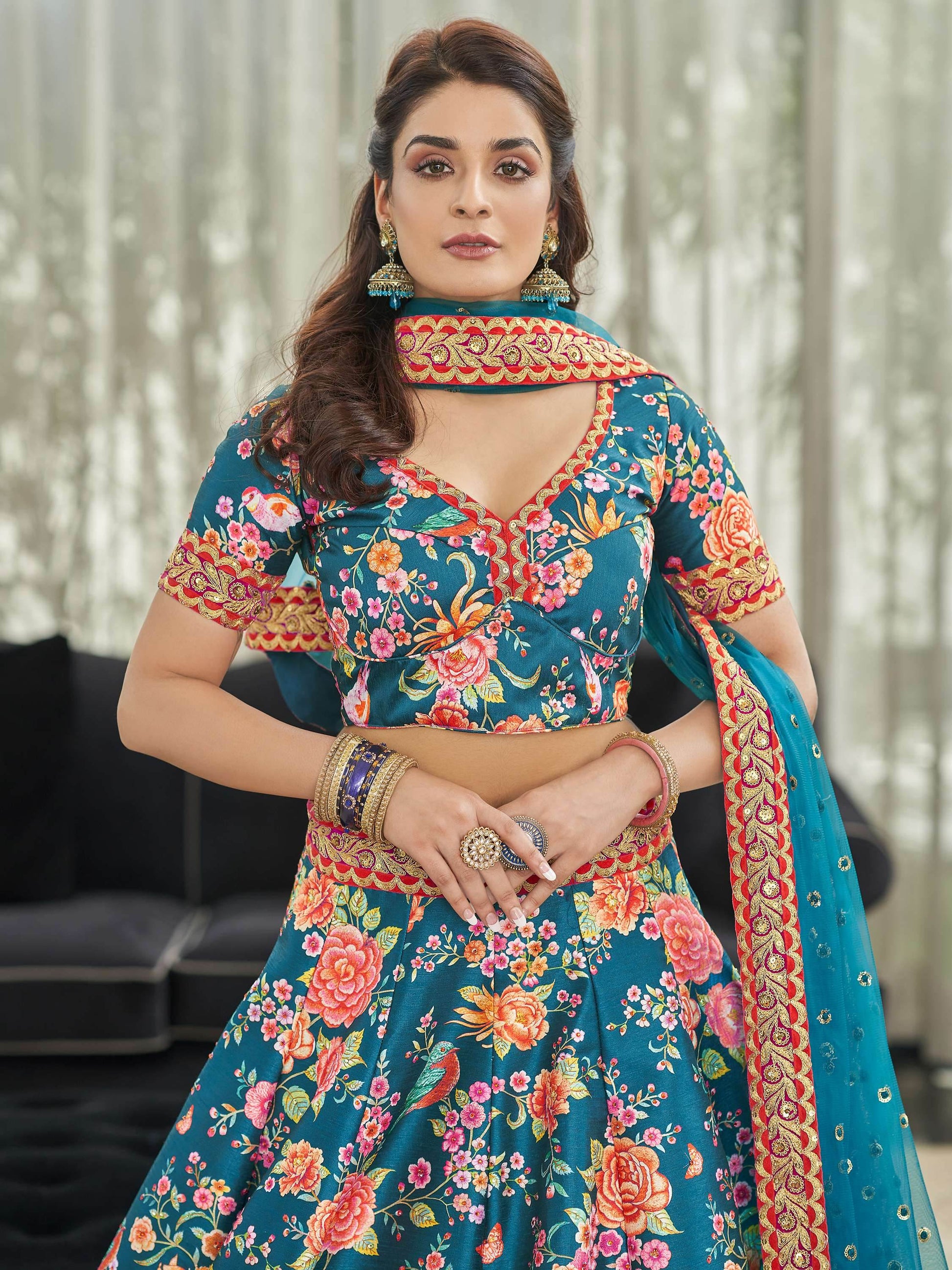 Teal Blue Floral Printed Art Silk Wedding Wear Lehenga Choli - Zeel Clothing