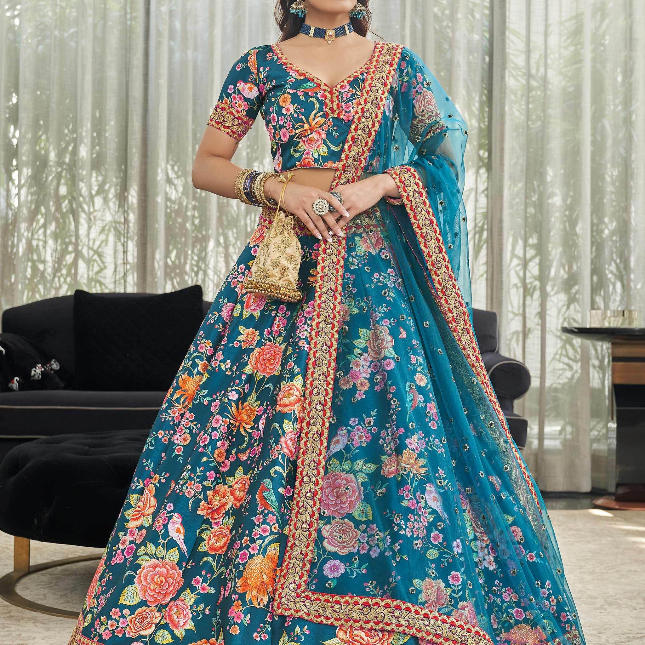Teal Blue Floral Printed Art Silk Wedding Wear Lehenga Choli - Zeel Clothing