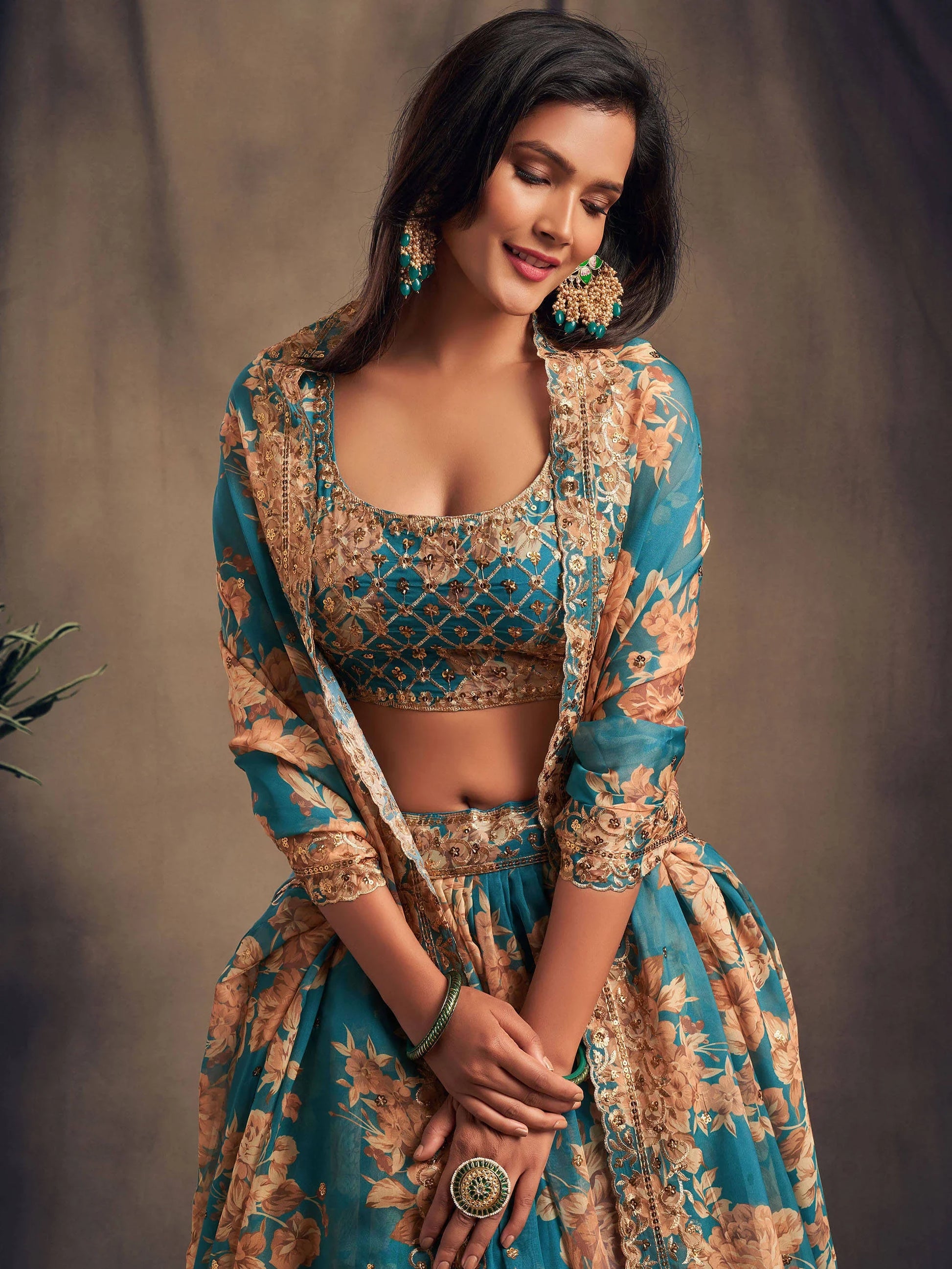 Teal Blue Floral Printed Organza Festival Lehenga Choli - Zeel Clothing