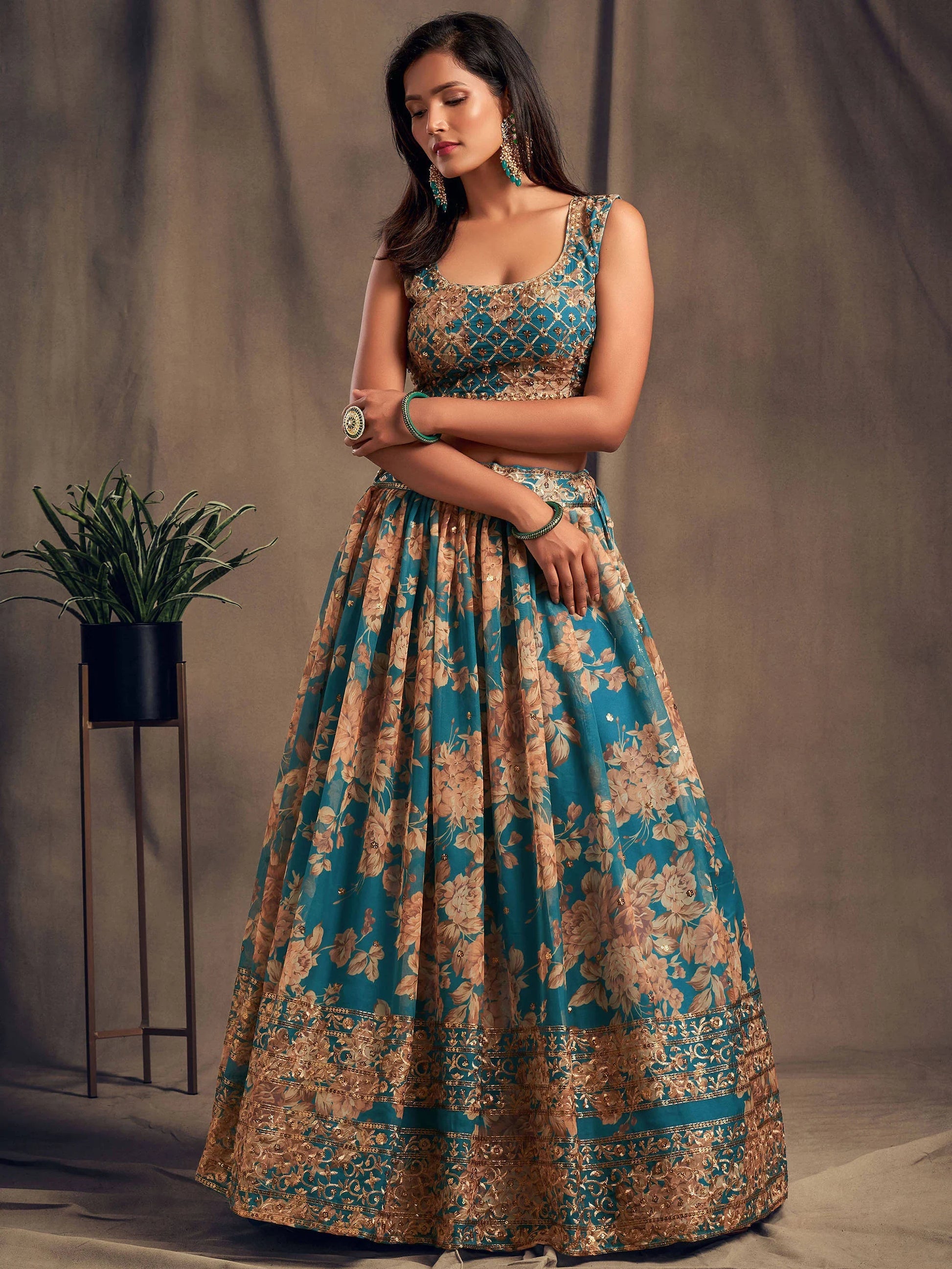 Teal Blue Floral Printed Organza Festival Lehenga Choli - Zeel Clothing