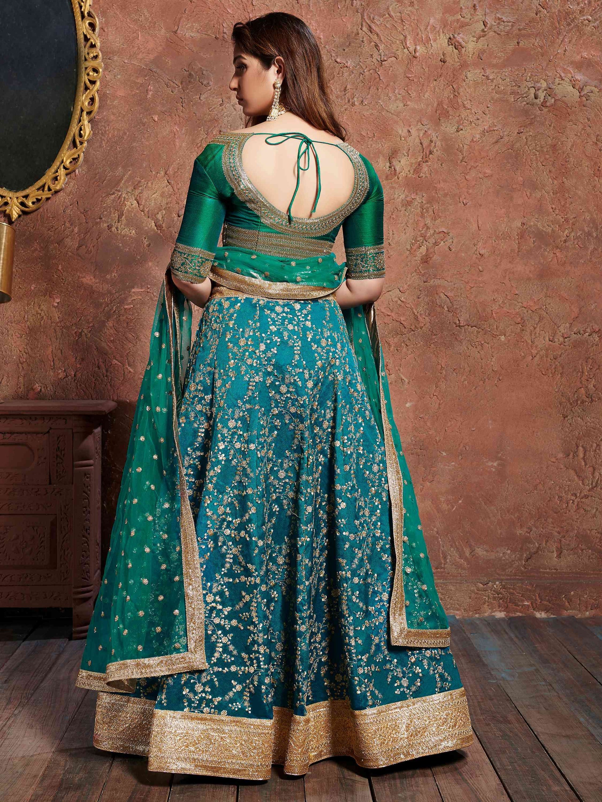 Teal Green Sequins Art Silk Wedding Wear Lehenga Choli - Zeel Clothing