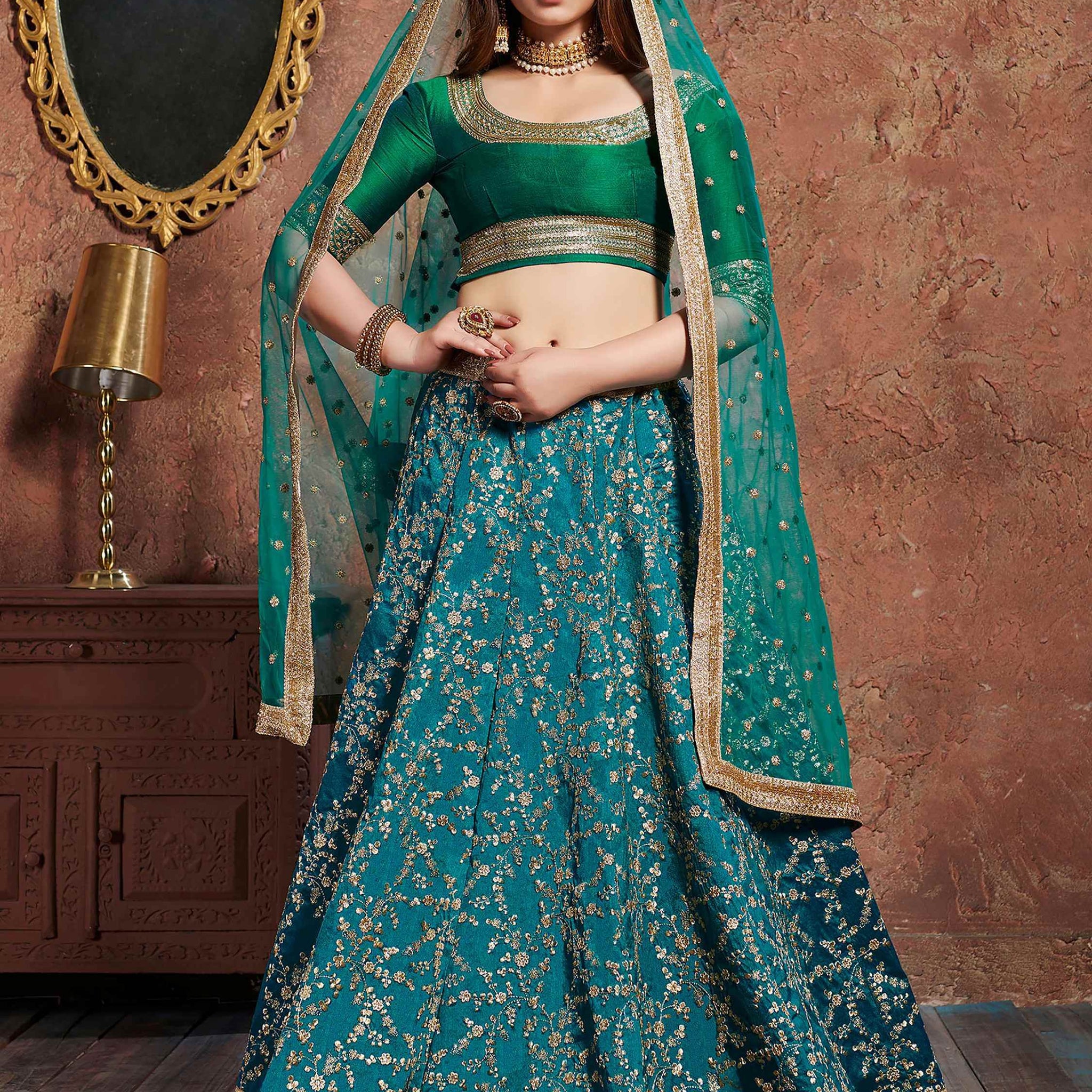 Teal Green Sequins Art Silk Wedding Wear Lehenga Choli - Zeel Clothing