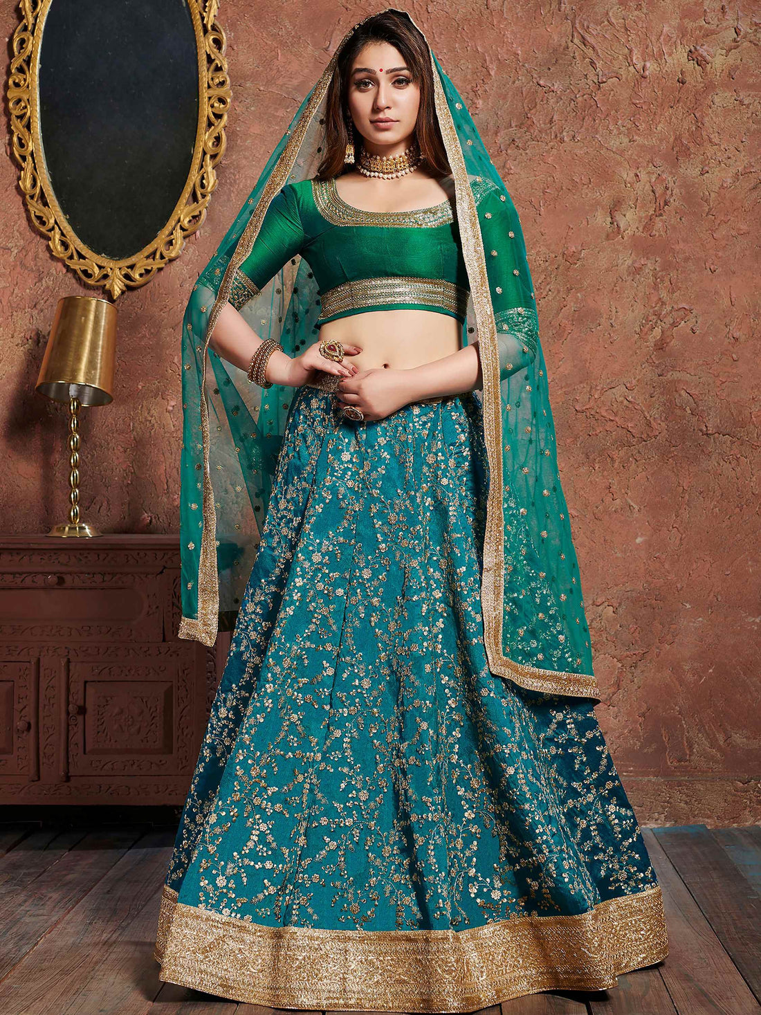 Teal Green Sequins Art Silk Wedding Wear Lehenga Choli - Zeel Clothing