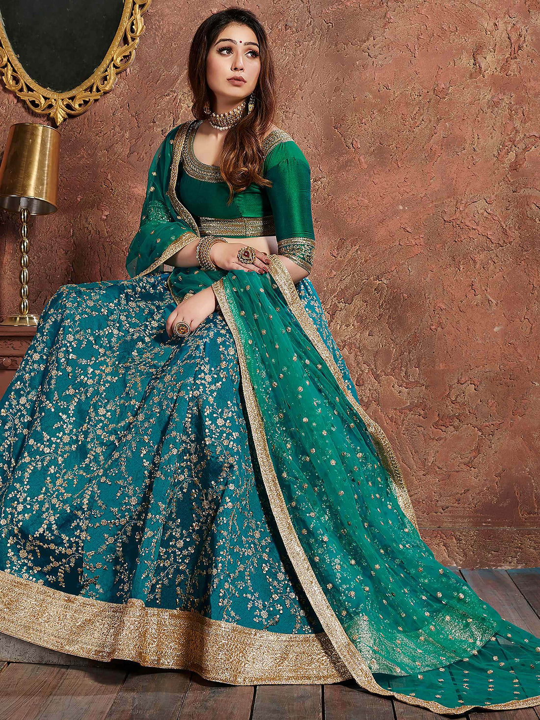 Teal Green Sequins Art Silk Wedding Wear Lehenga Choli - Zeel Clothing