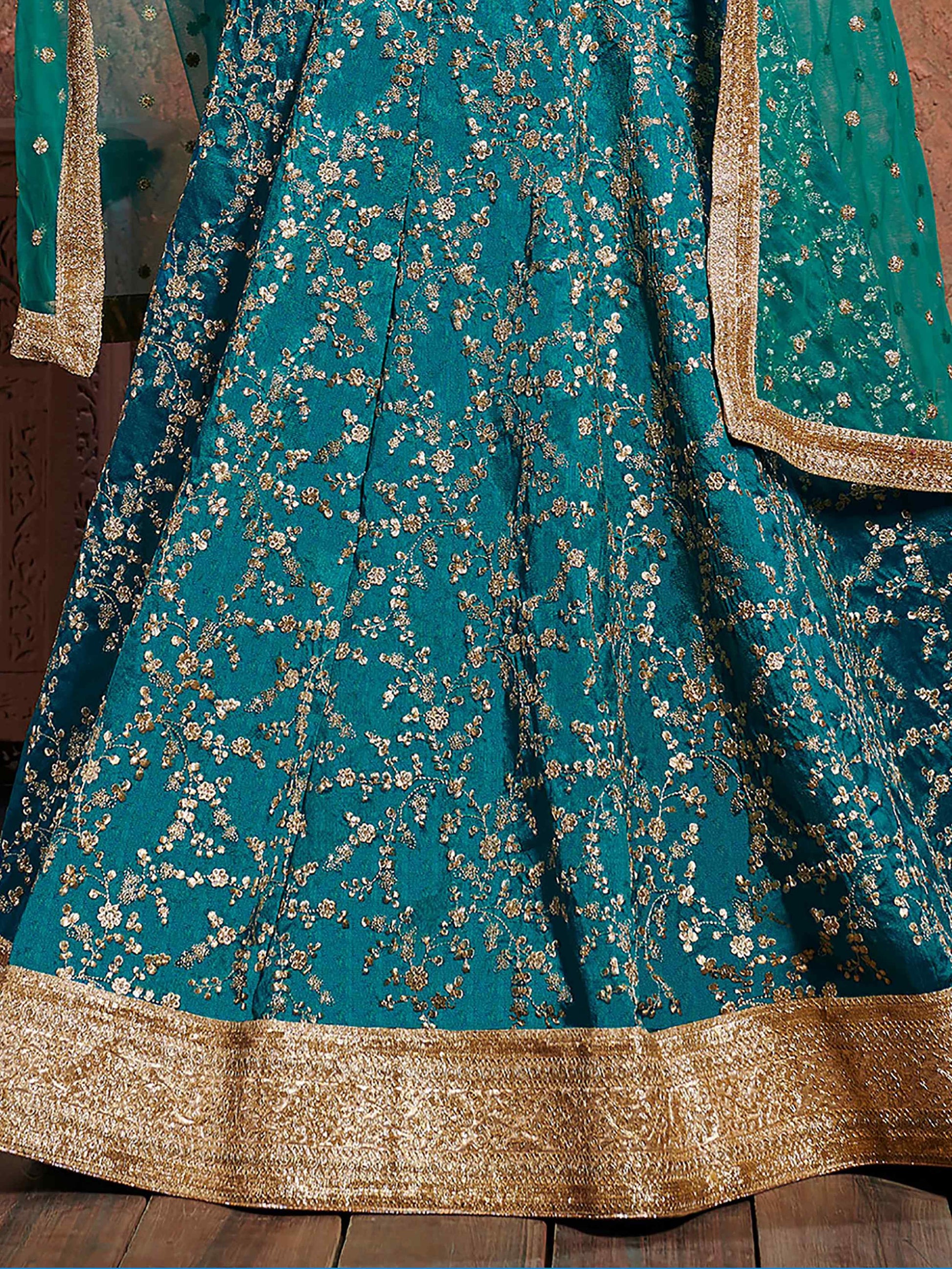 Teal Green Sequins Art Silk Wedding Wear Lehenga Choli - Zeel Clothing