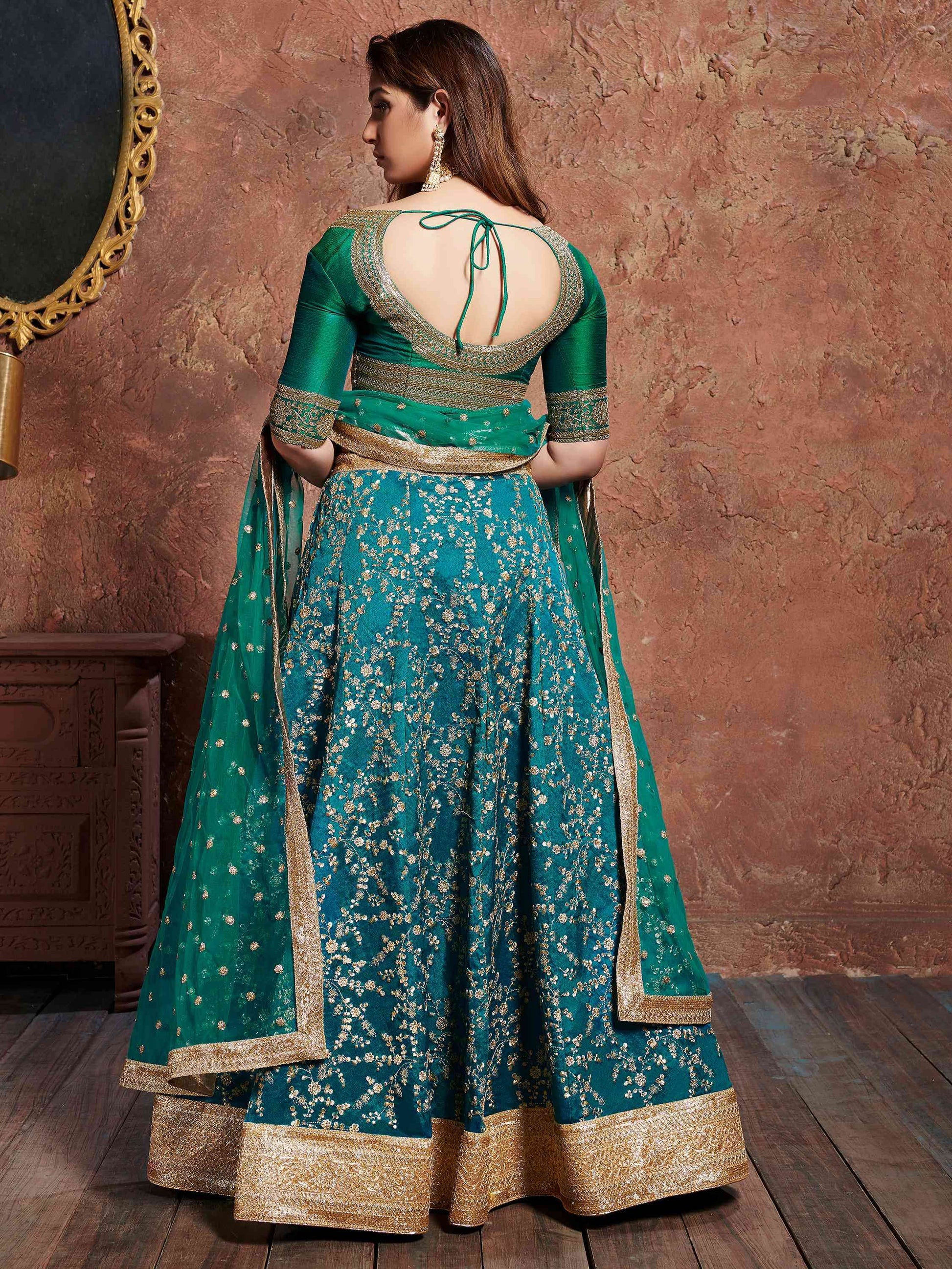Teal Green Sequins Art Silk Wedding Wear Lehenga Choli - Zeel Clothing