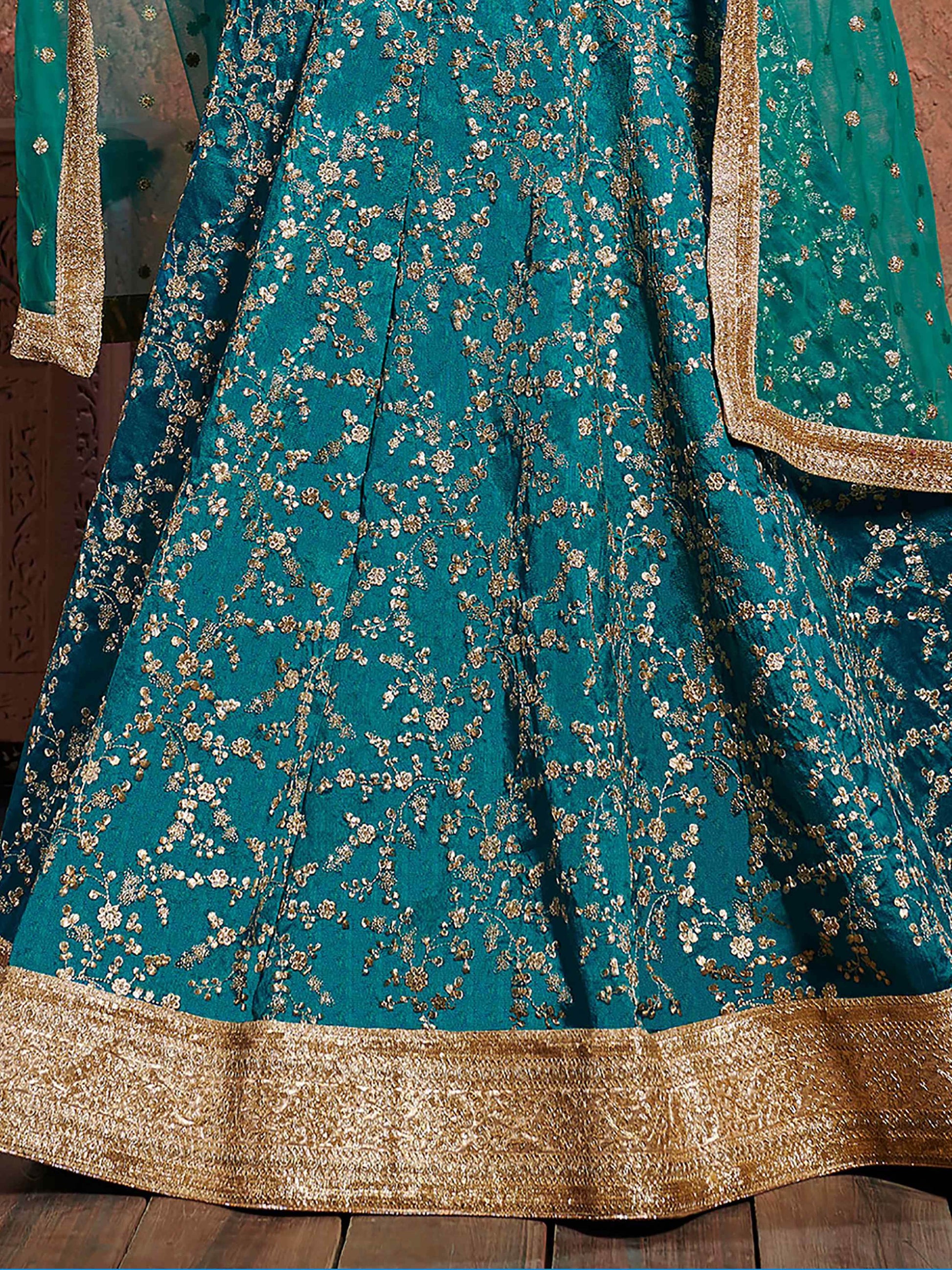 Teal Green Sequins Art Silk Wedding Wear Lehenga Choli - Zeel Clothing
