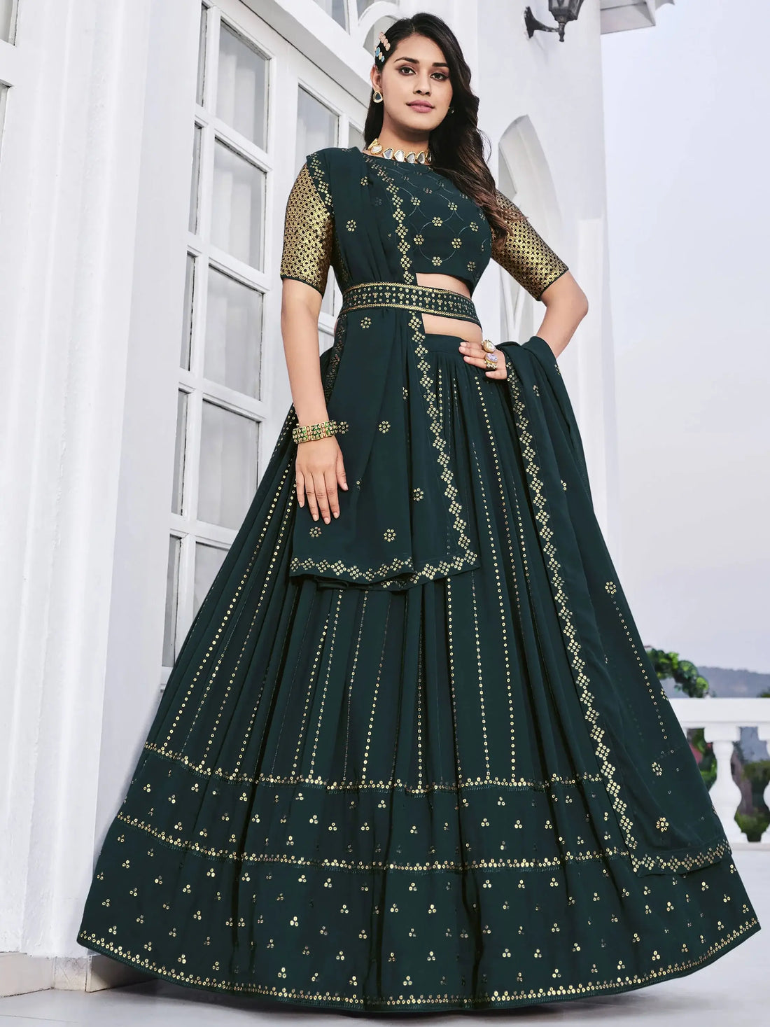 Teal Green Sequins Georgette Wedding Wear Lehenga Choli - Zeel Clothing