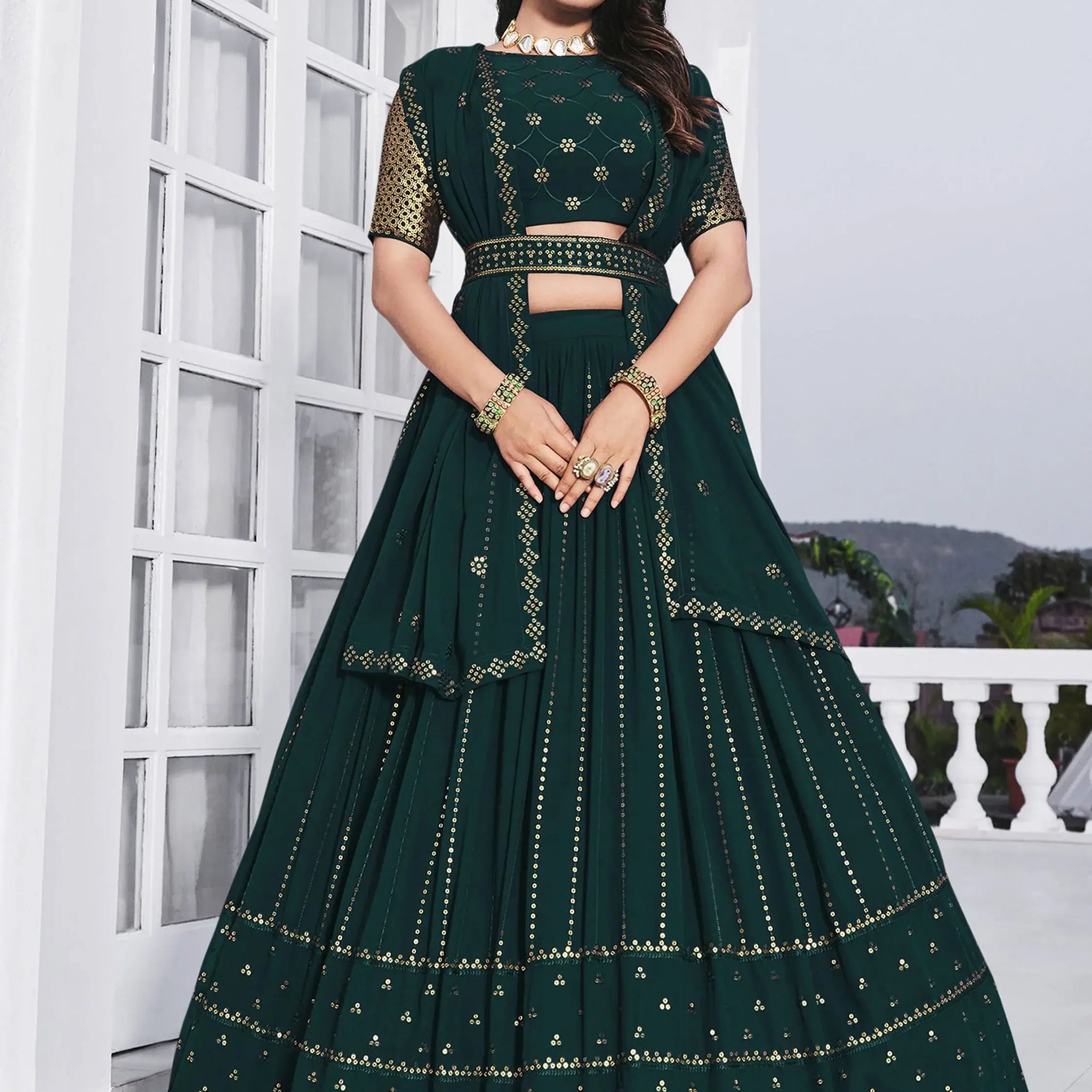 Teal Green Sequins Georgette Wedding Wear Lehenga Choli - Zeel Clothing
