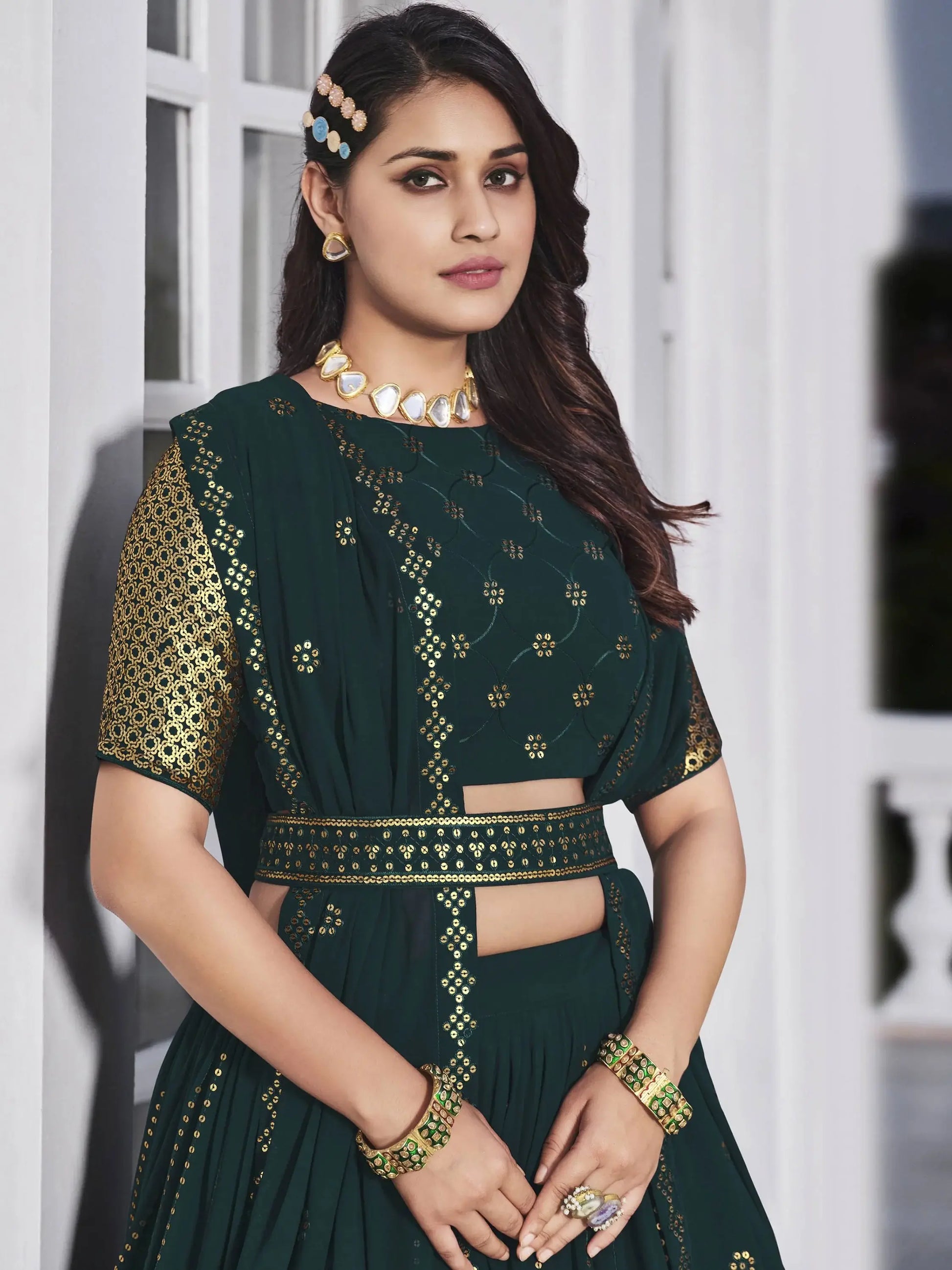 Teal Green Sequins Georgette Wedding Wear Lehenga Choli - Zeel Clothing