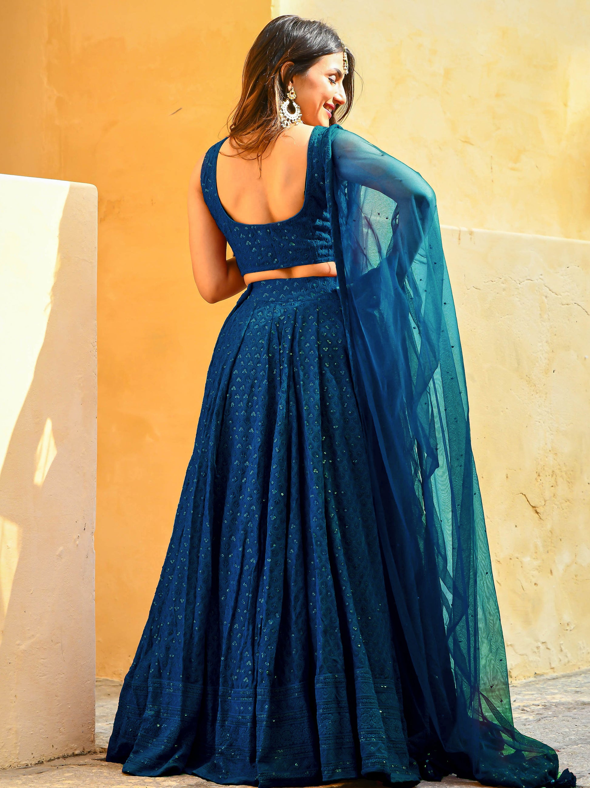 Wonderful Teal Blue Sequins Embroidery Georgette Festive Wear Lehenga Choli