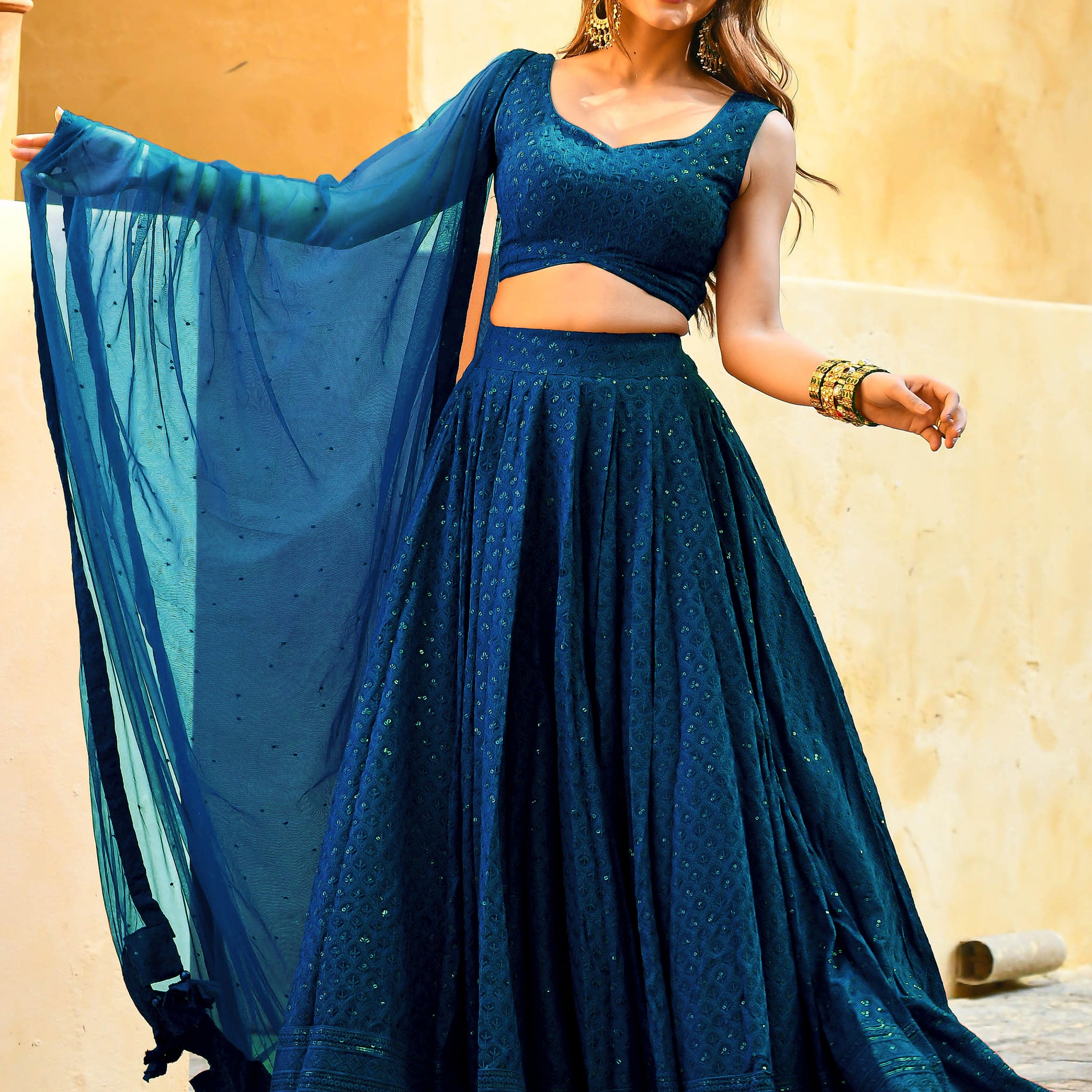 Wonderful Teal Blue Sequins Embroidery Georgette Festive Wear Lehenga Choli