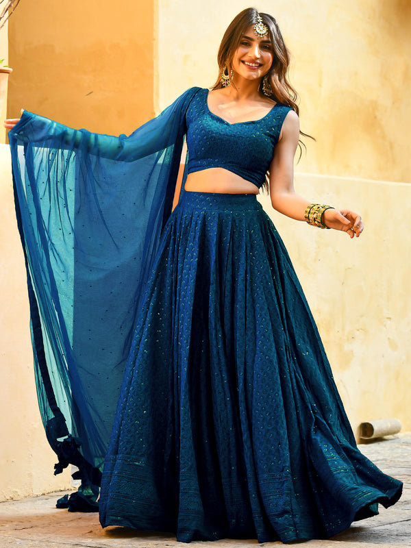 Wonderful Teal Blue Sequins Embroidery Georgette Festive Wear Lehenga Choli