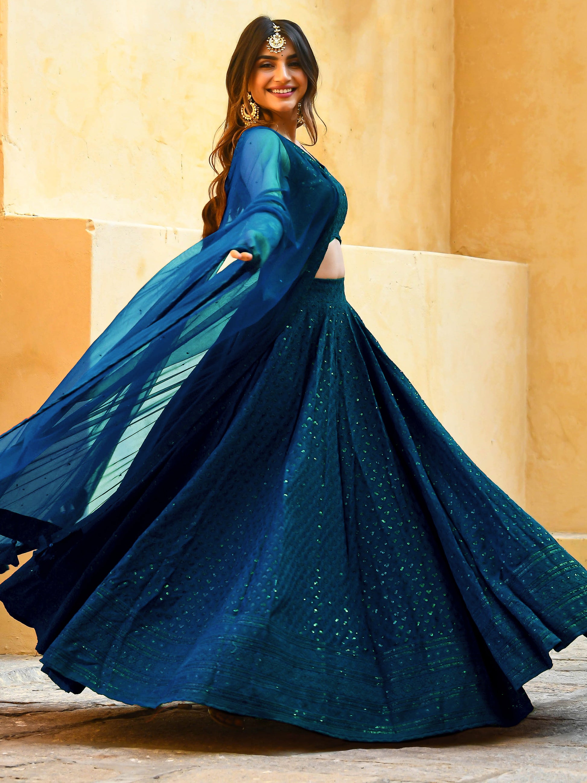 Wonderful Teal Blue Sequins Embroidery Georgette Festive Wear Lehenga Choli