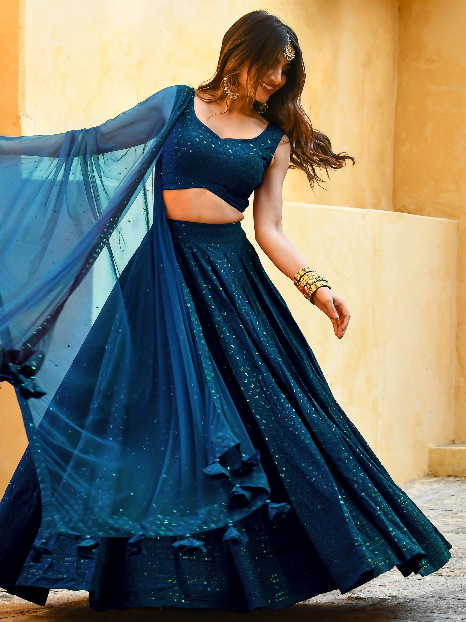 Wonderful Teal Blue Sequins Embroidery Georgette Festive Wear Lehenga Choli