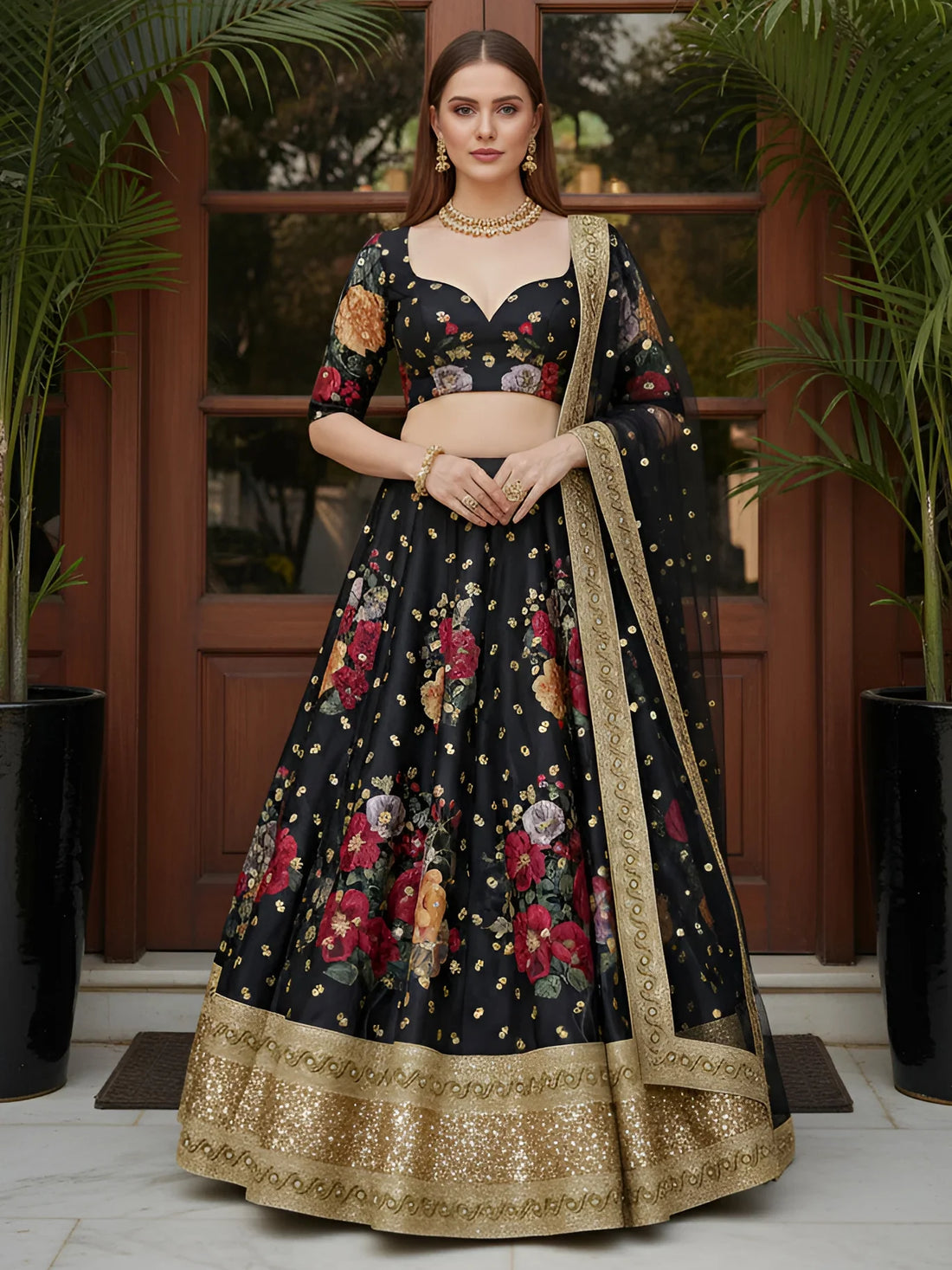 Terrific Black Floral Printed Silk Sangeet Wear Lehenga With Blouse
