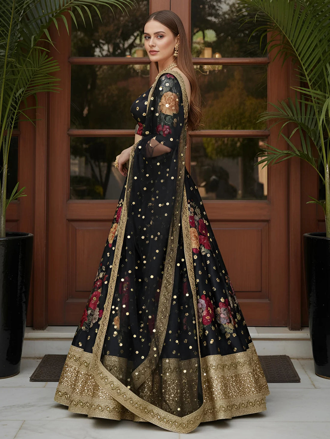 Terrific Black Floral Printed Silk Sangeet Wear Lehenga With Blouse