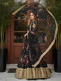 Terrific Black Floral Printed Silk Sangeet Wear Lehenga With Blouse