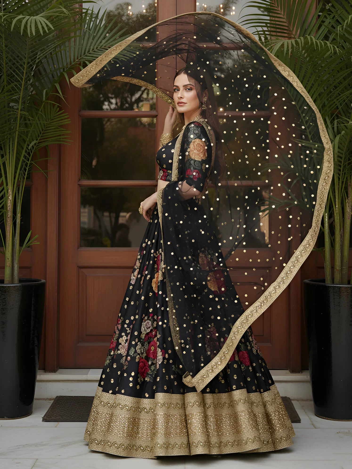 Terrific Black Floral Printed Silk Sangeet Wear Lehenga With Blouse