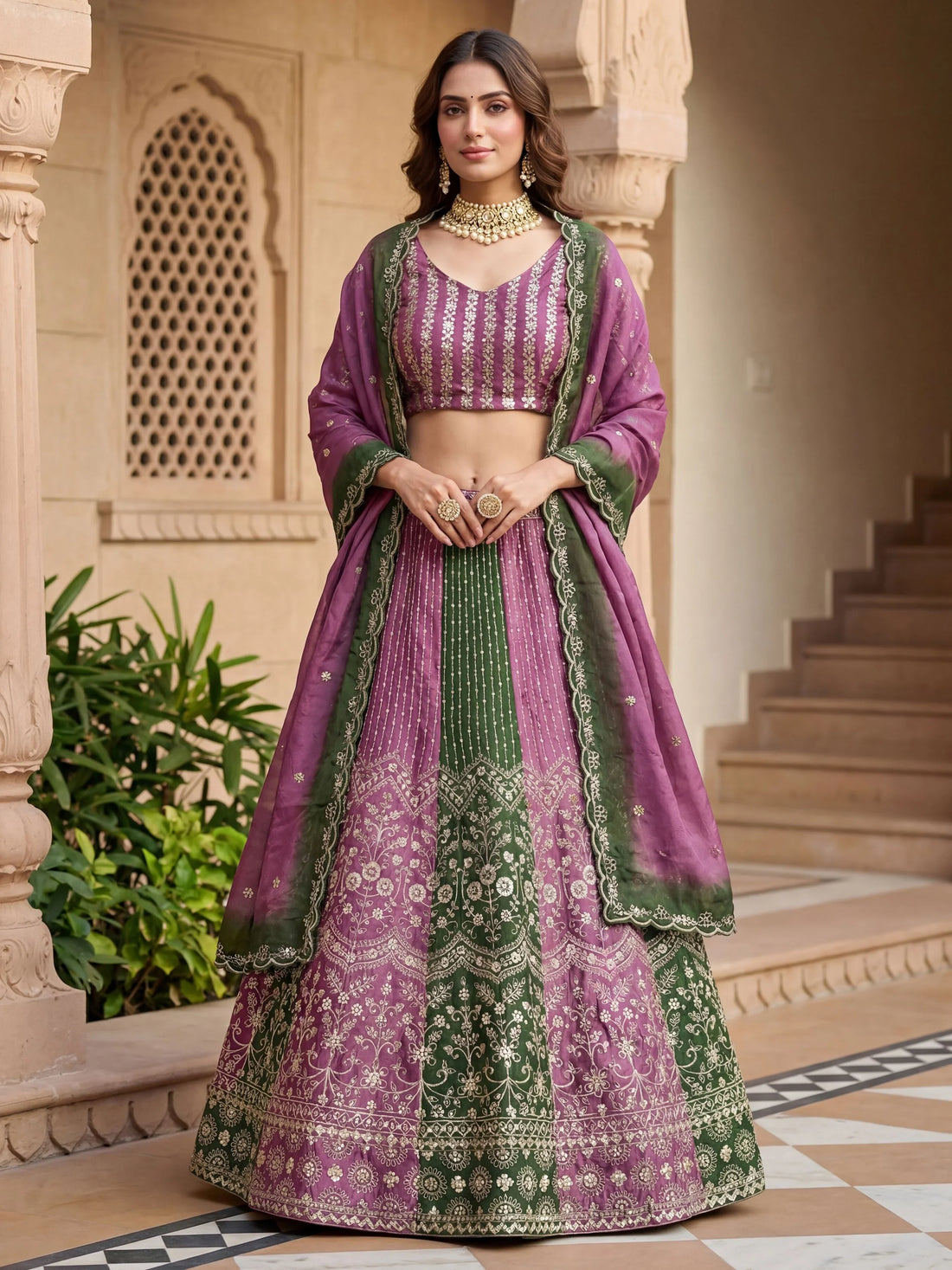 Terrific Green And Purple Embroidered Chinon Marriage Wear Lehenga Choli