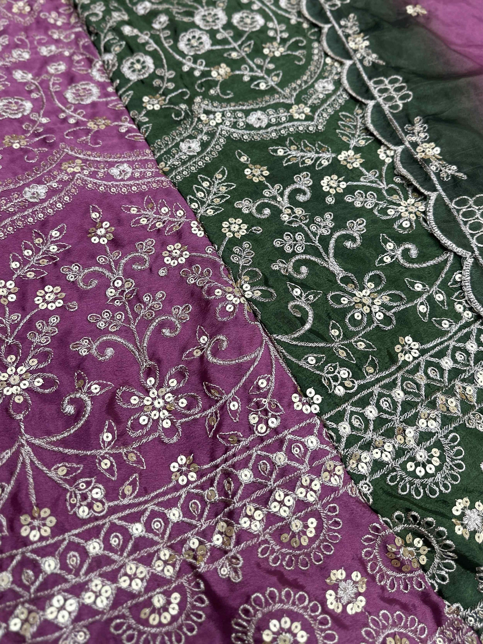 Terrific Green And Purple Embroidered Chinon Marriage Wear Lehenga Choli