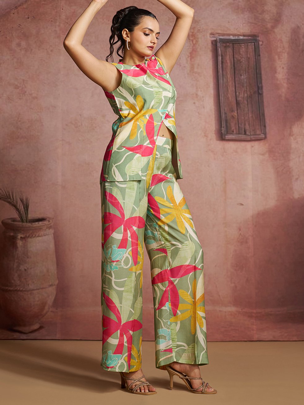 Terrific Green Printed Muslin Silk Evening Wear Co-Ord Suit