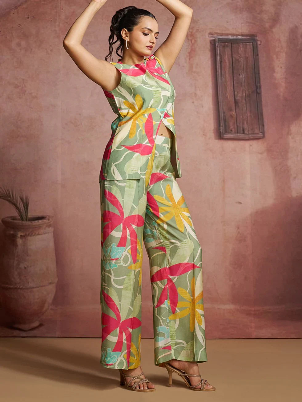 Terrific Green Printed Muslin Silk Evening Wear Co-Ord Suit