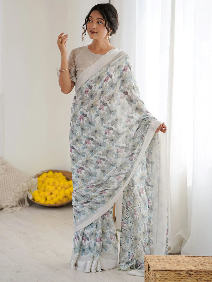 Terrific Grey Satin Border Georgette Casual Wear Saree With Blouse