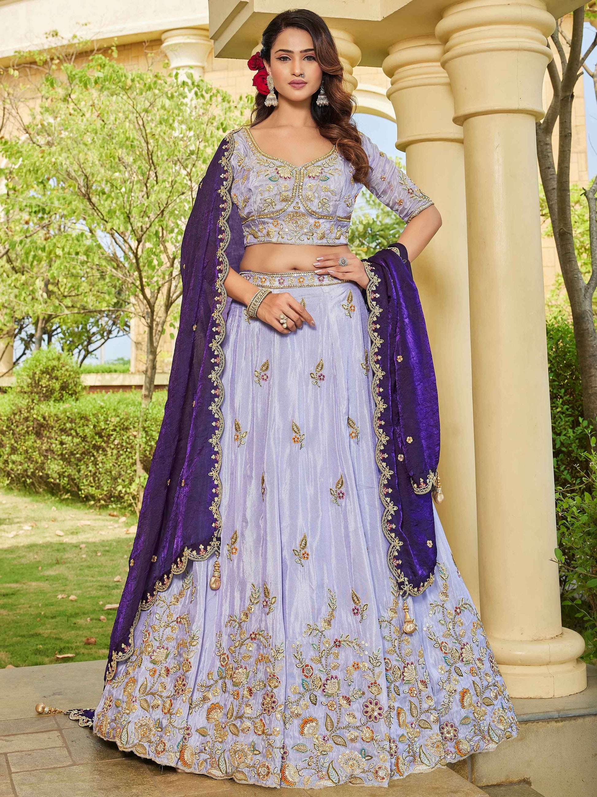 Terrific Lavender Thread Embroidery Tissue Reception Wear Lehenga With Blouse