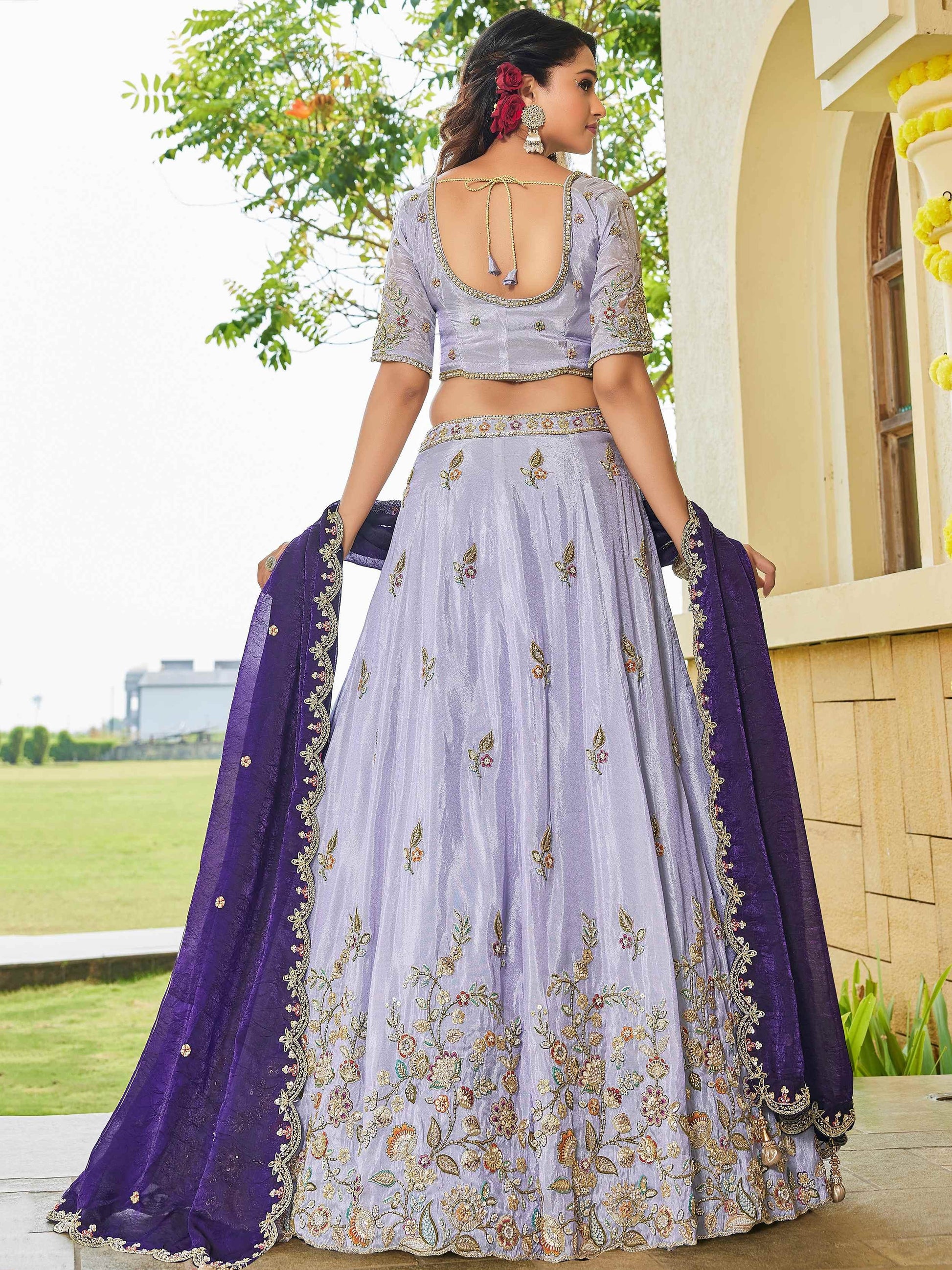 Terrific Lavender Thread Embroidery Tissue Reception Wear Lehenga With Blouse