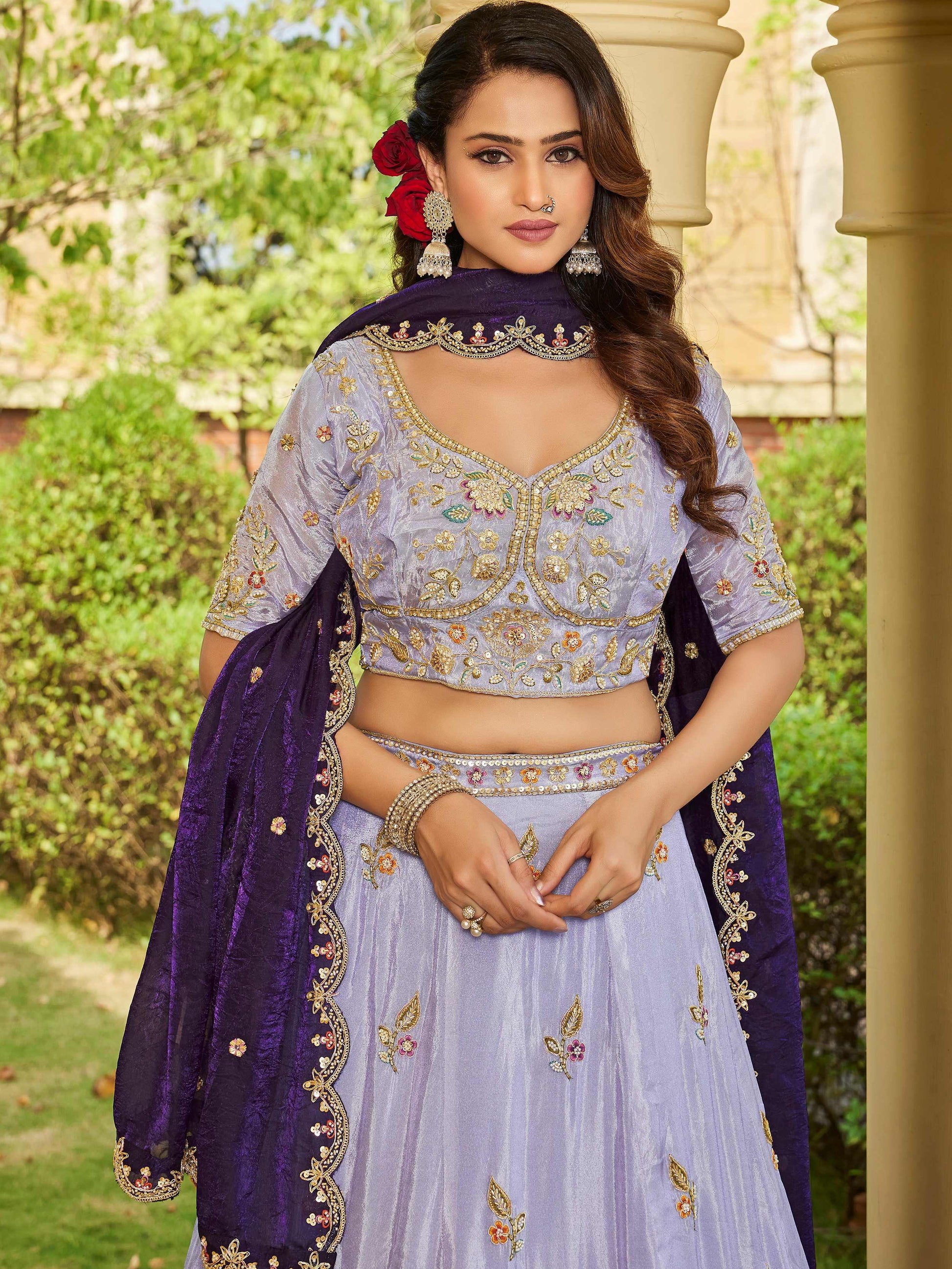 Terrific Lavender Thread Embroidery Tissue Reception Wear Lehenga With Blouse