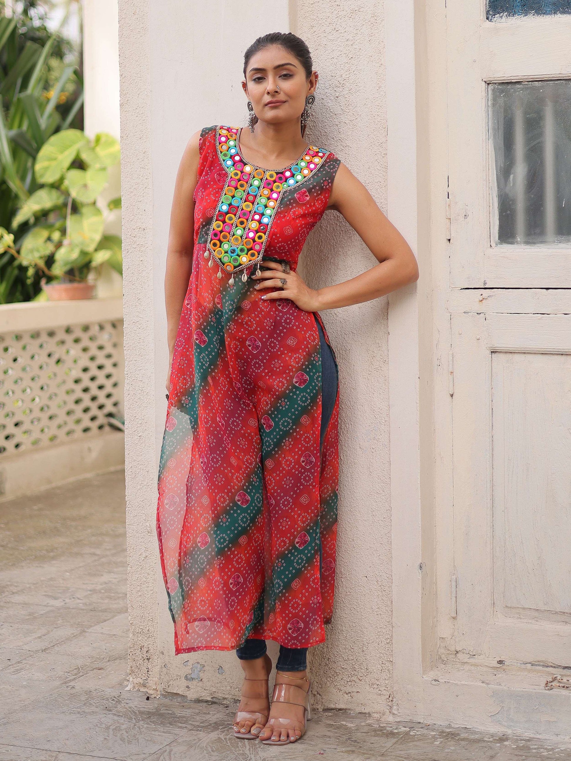 Terrific Multi-Color Kutchi Gamthi Work Georgette Navratri Wear Long Kurti - Zeel Clothing