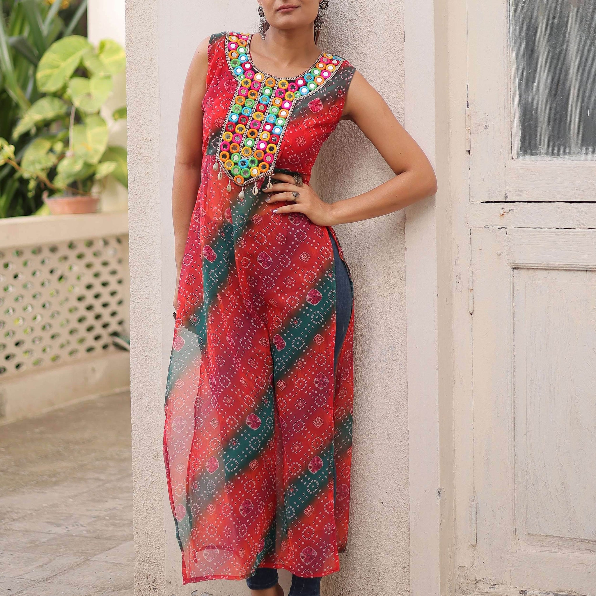 Terrific Multi-Color Kutchi Gamthi Work Georgette Navratri Wear Long Kurti - Zeel Clothing